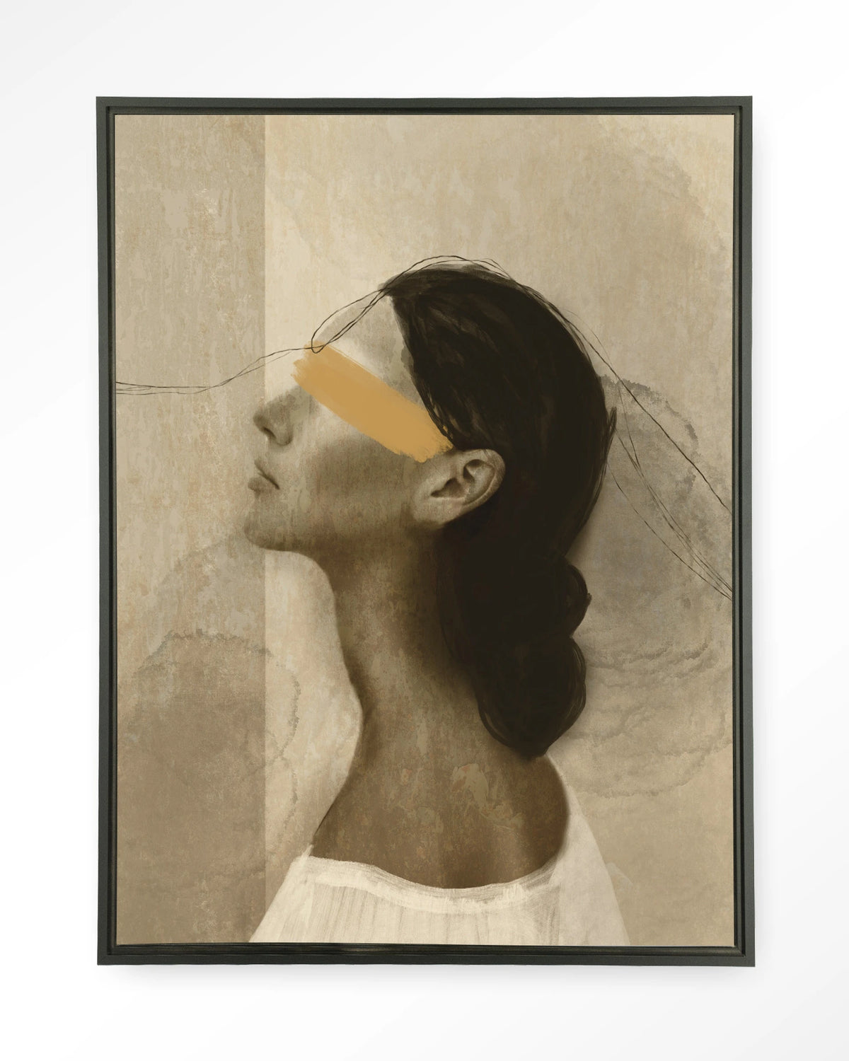 She Thinks Of You – profiel van vrouw met gele streep – Wandkleed – Floating frame – zwart