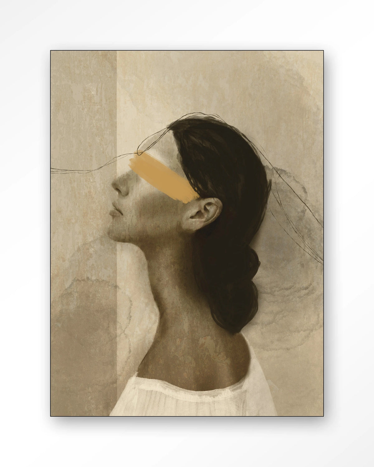 She Thinks Of You – profiel van vrouw met gele streep – Wandkleed – Frame – zwart