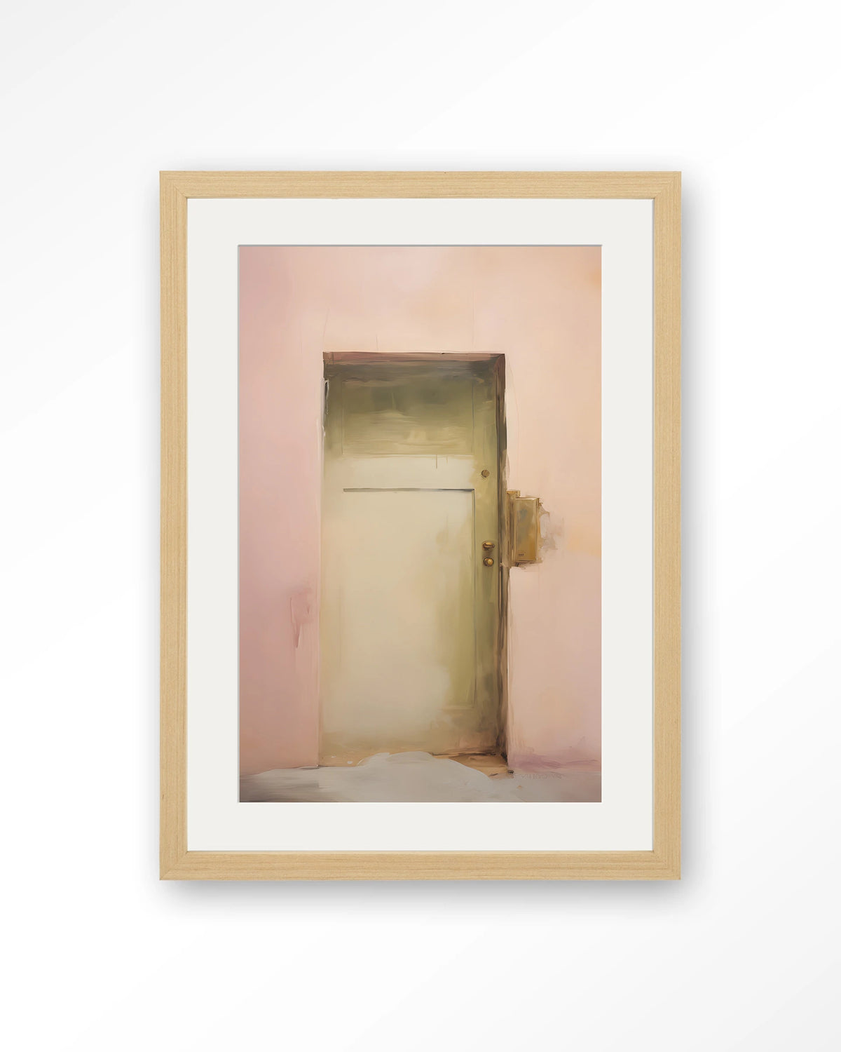 Pink Door – roze muur met deur – Art print – Hout naturel + passe-partout