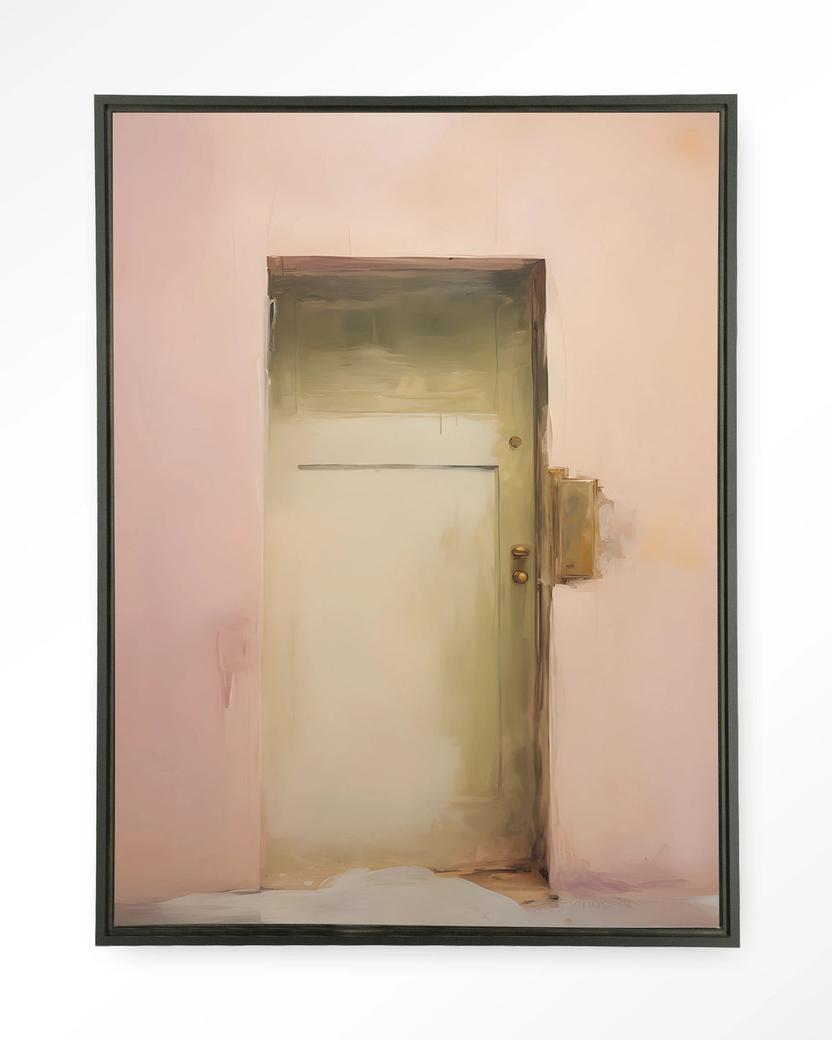 Pink Door – roze muur met deur – Wandkleed – Floating frame – zwart