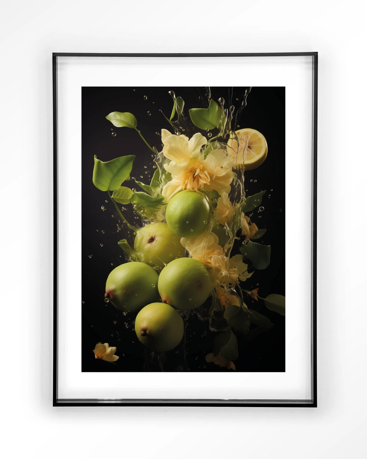 Green Fruit Explosion – groen fruit met bloemen – Art print – Acryl zwart