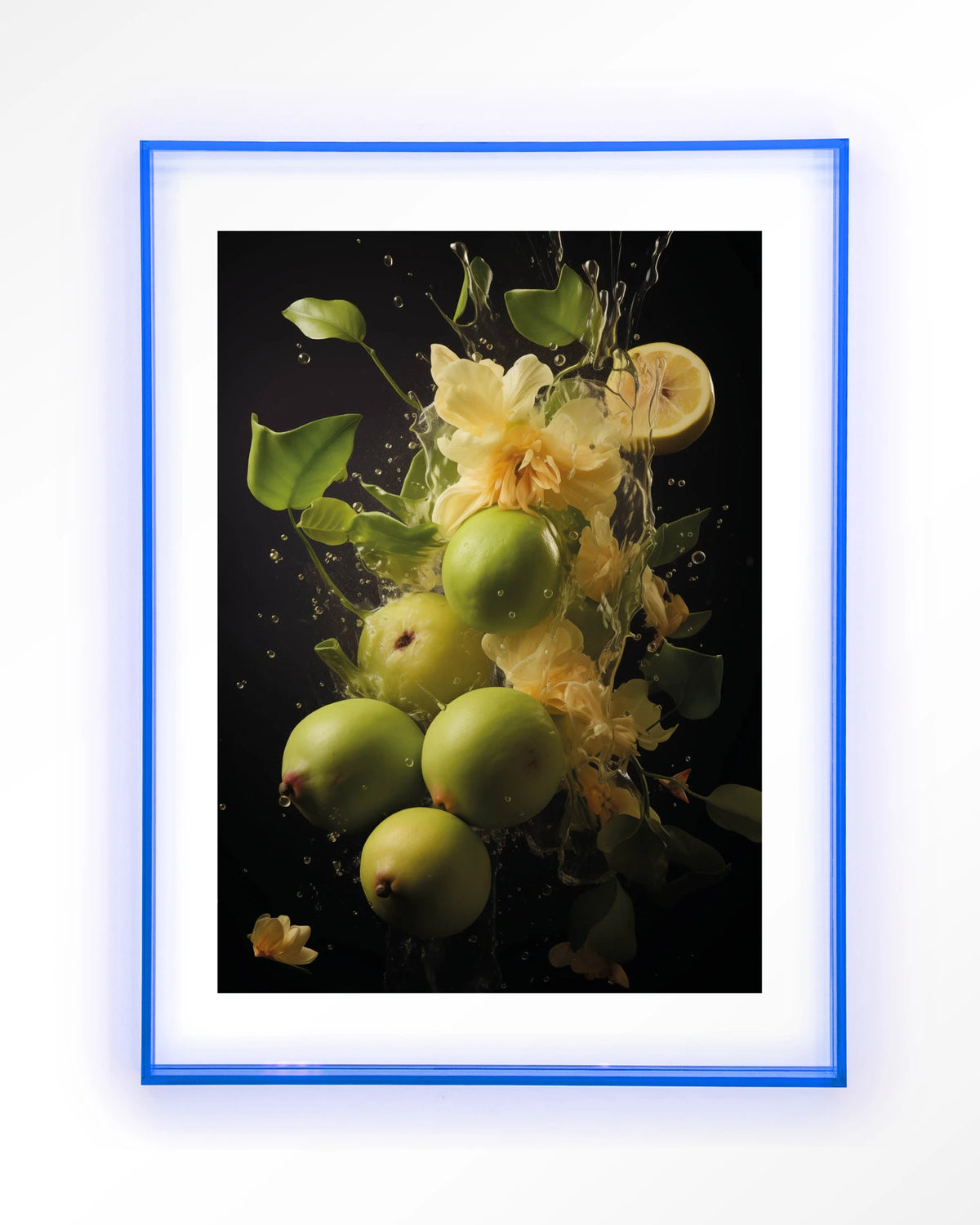 Green Fruit Explosion – groen fruit met bloemen – Art print – Acryl lichtblauw