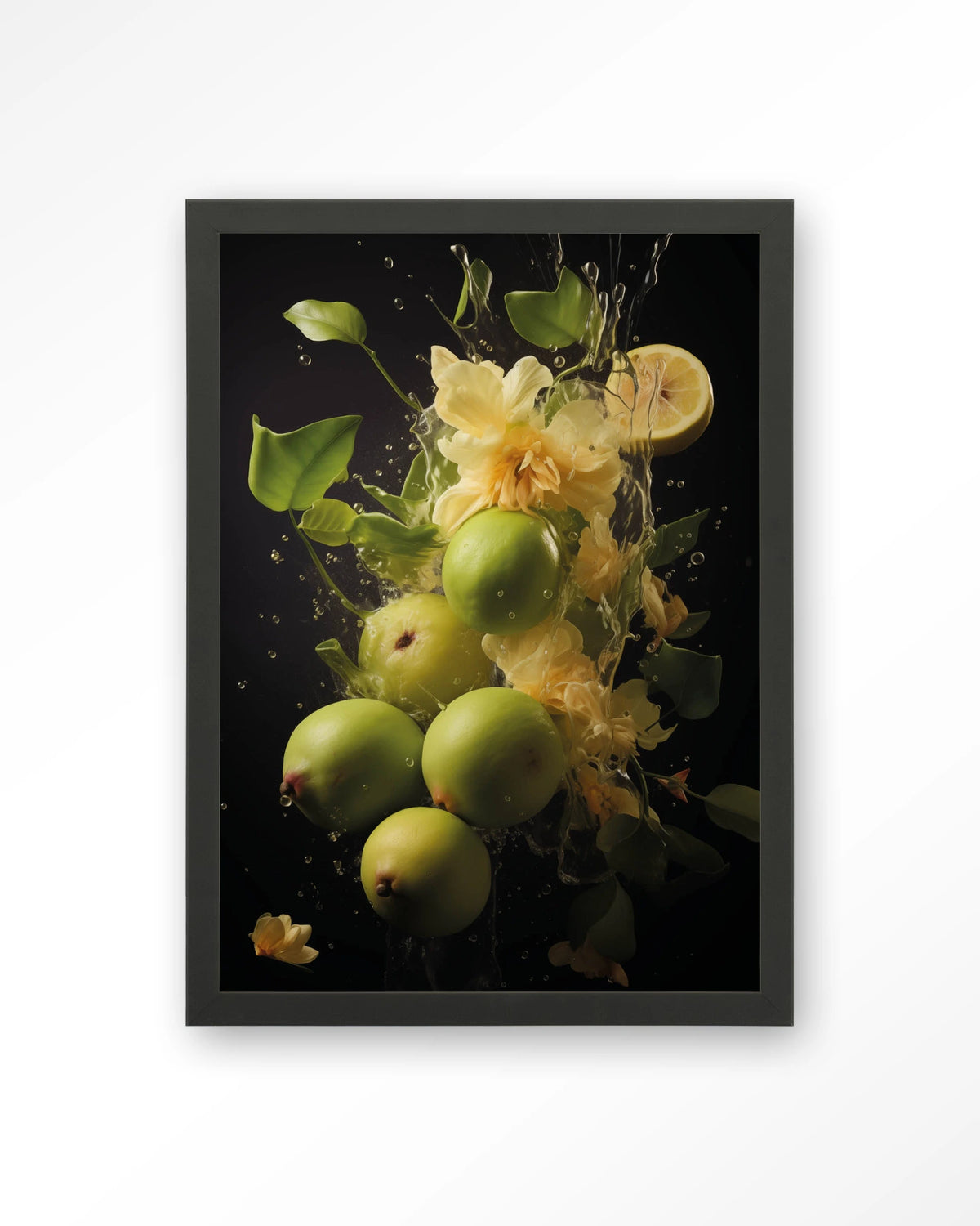 Green Fruit Explosion – groen fruit met bloemen – Art print – Hout zwart