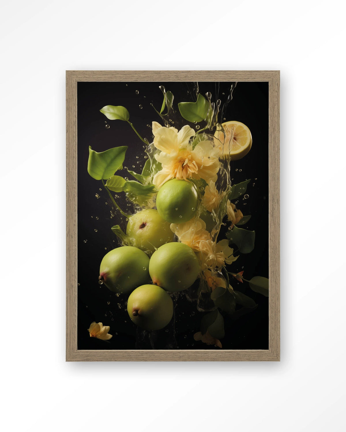 Green Fruit Explosion – groen fruit met bloemen – Art print – Hout bruin
