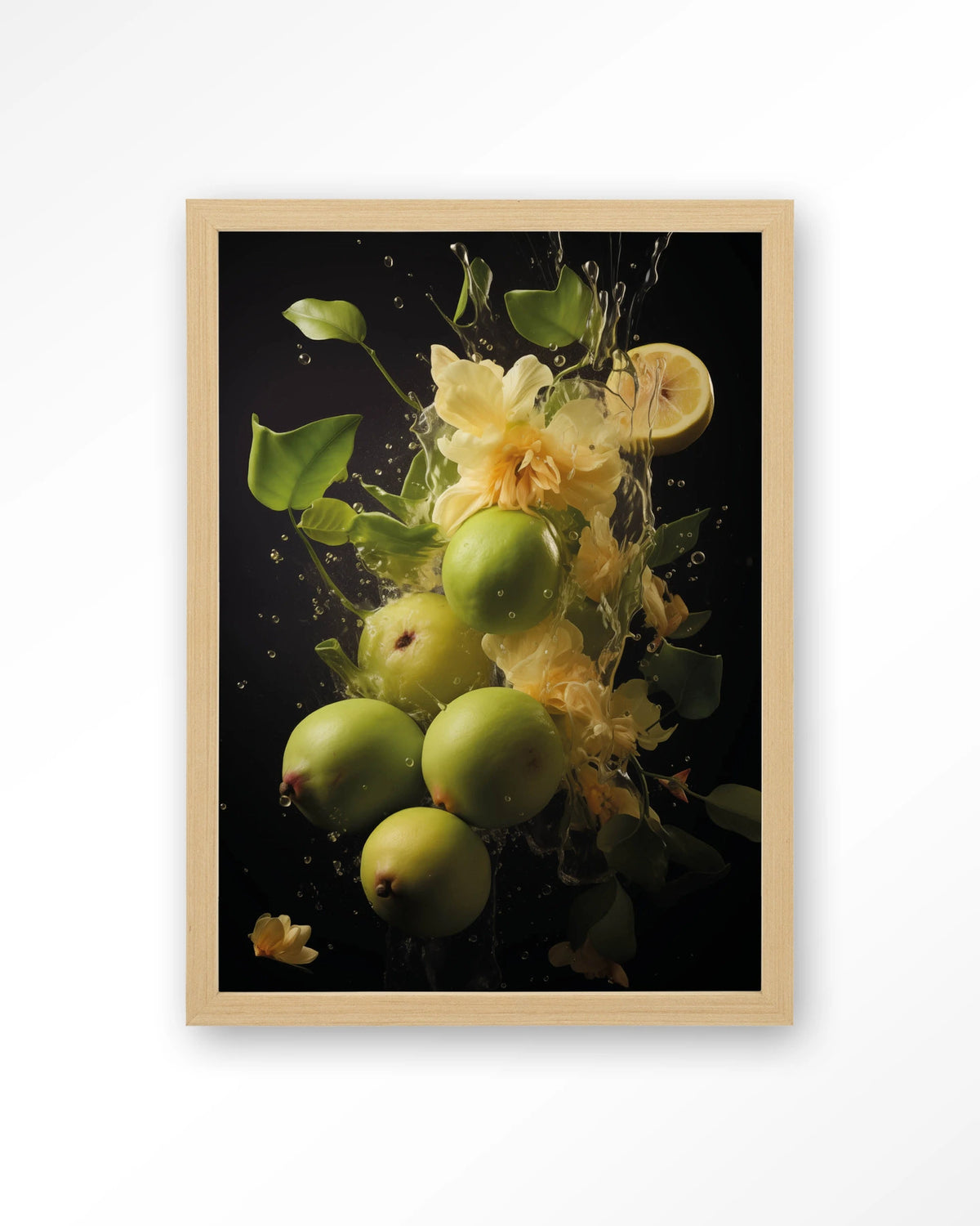 Green Fruit Explosion – groen fruit met bloemen – Art print – Hout naturel