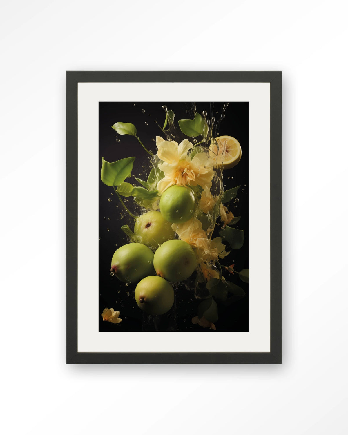 Green Fruit Explosion – groen fruit met bloemen – Art print – Hout zwart + passe-partout