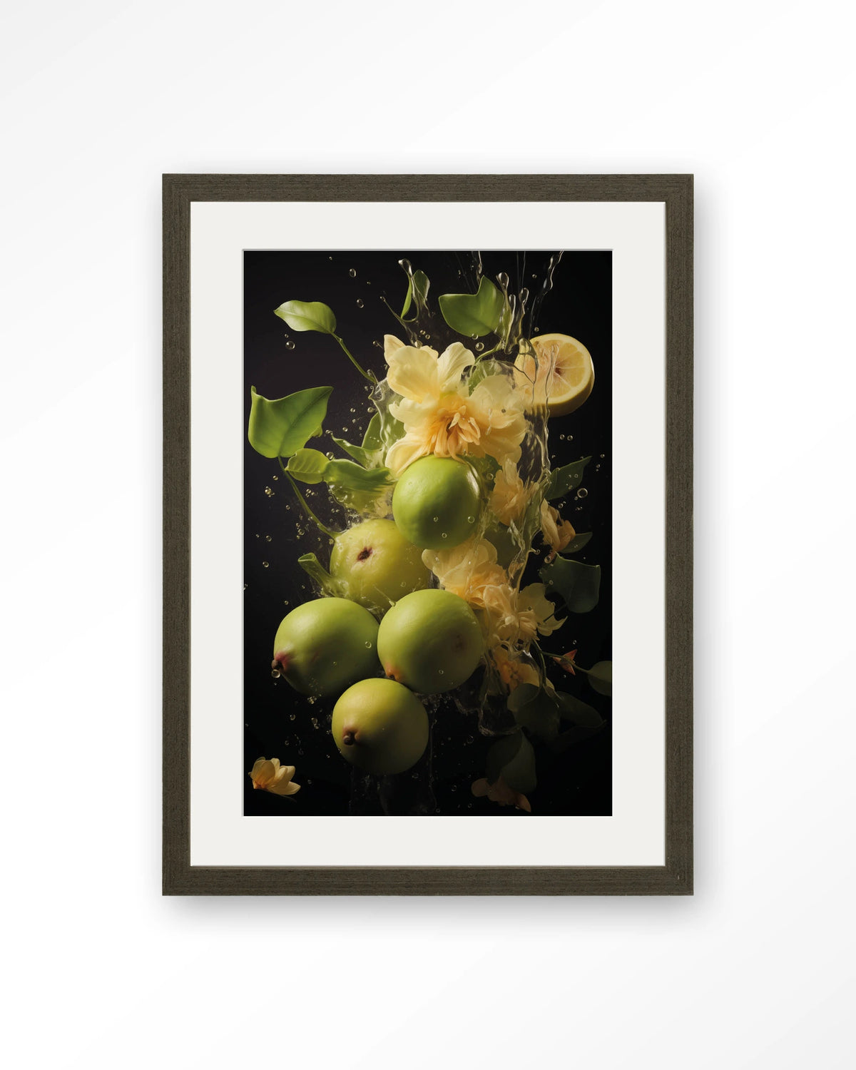 Green Fruit Explosion – groen fruit met bloemen – Art print – Hout donkerbruin + passe-partout