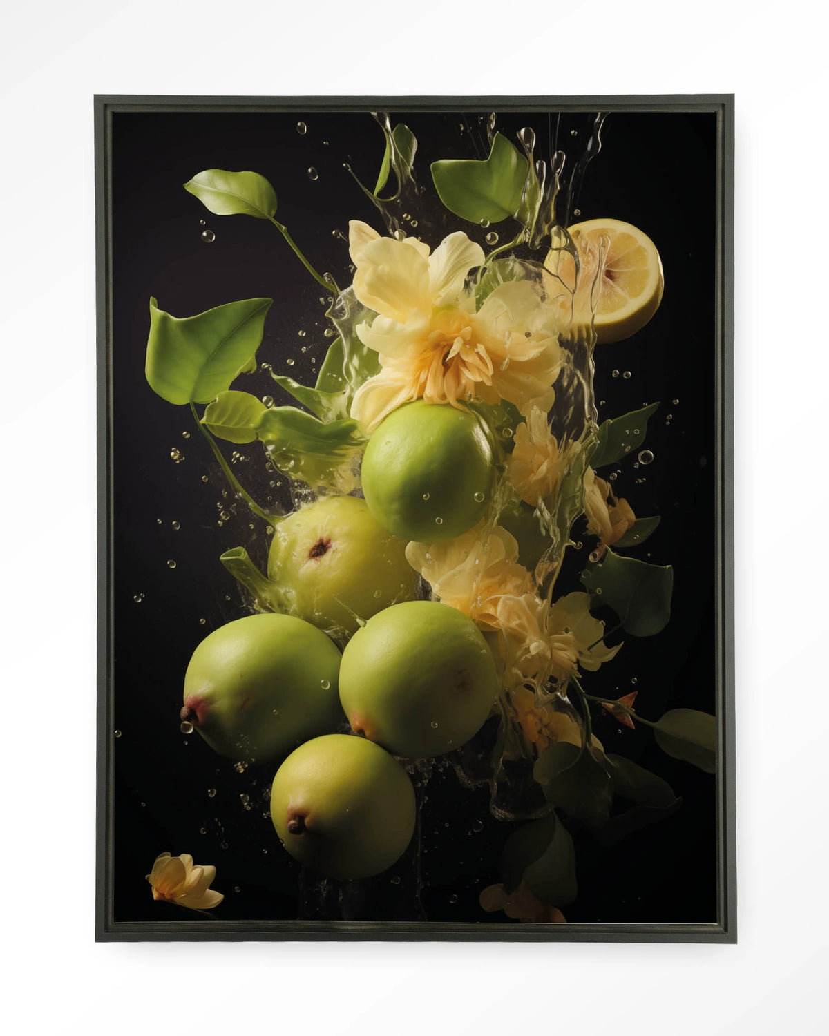Green Fruit Explosion – groen fruit met bloemen – Wandkleed – Floating frame – zwart