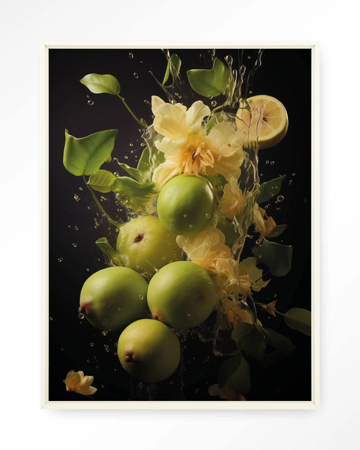 Green Fruit Explosion – groen fruit met bloemen – Wandkleed – Floating frame – wit