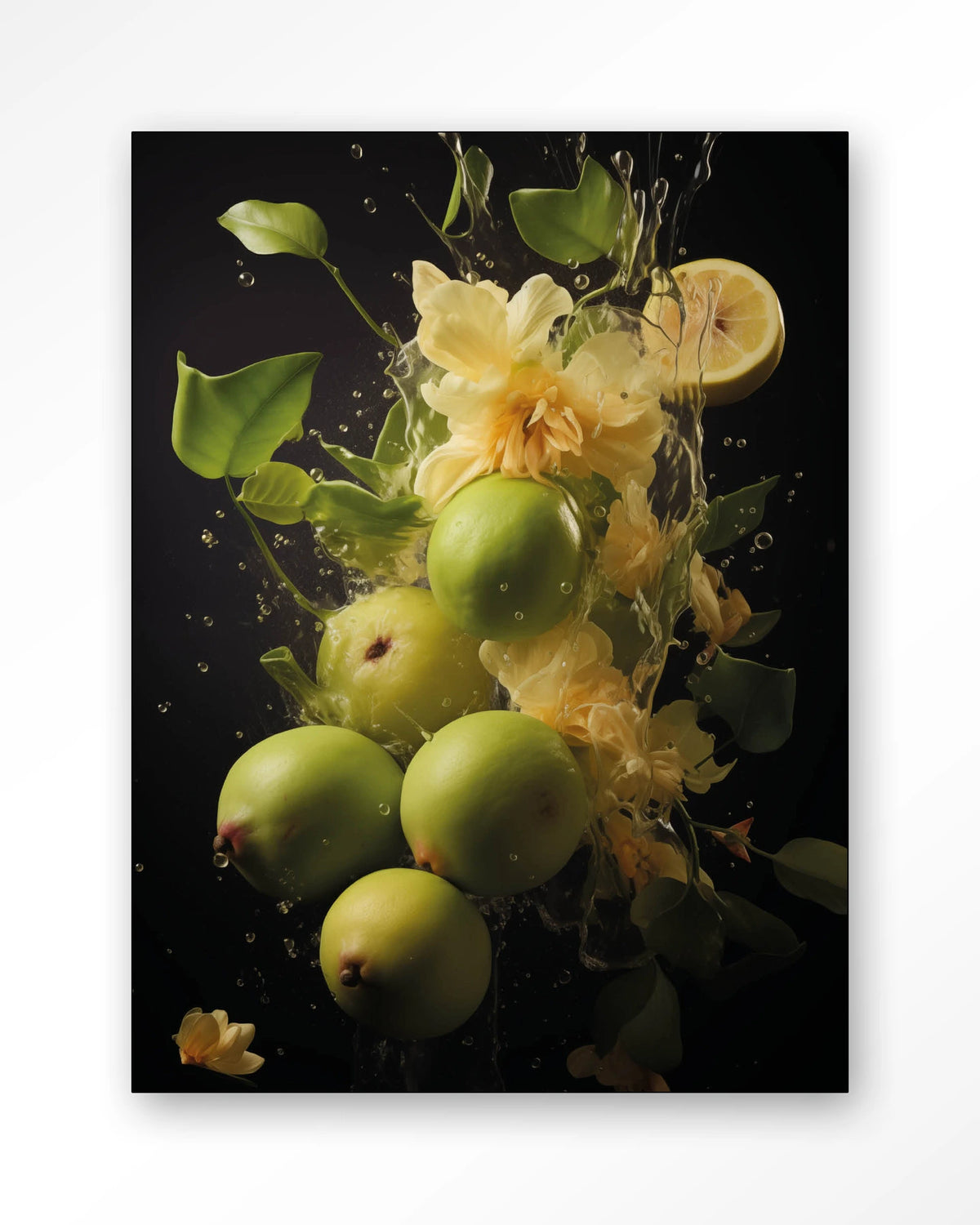 Green Fruit Explosion – groen fruit met bloemen – Wandkleed – Frame – zwart