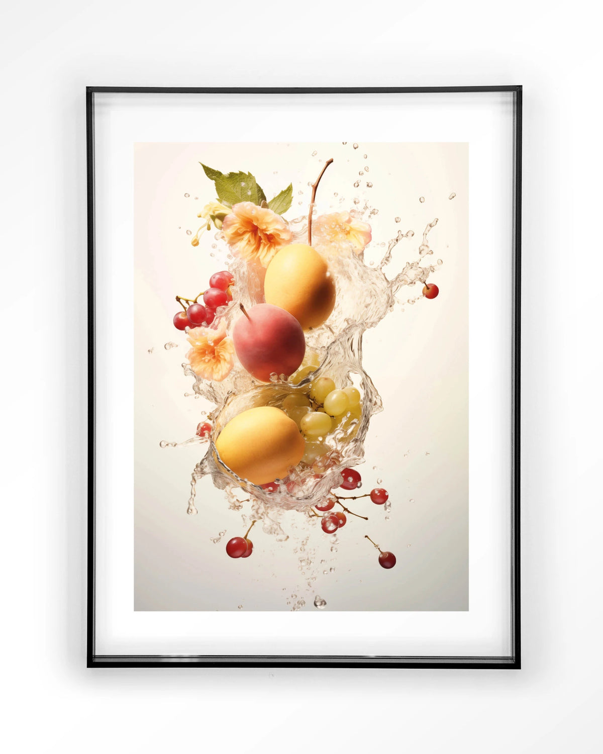 Peachy Fruit Explosion – fruit met waterstroom – Art print – Acryl zwart