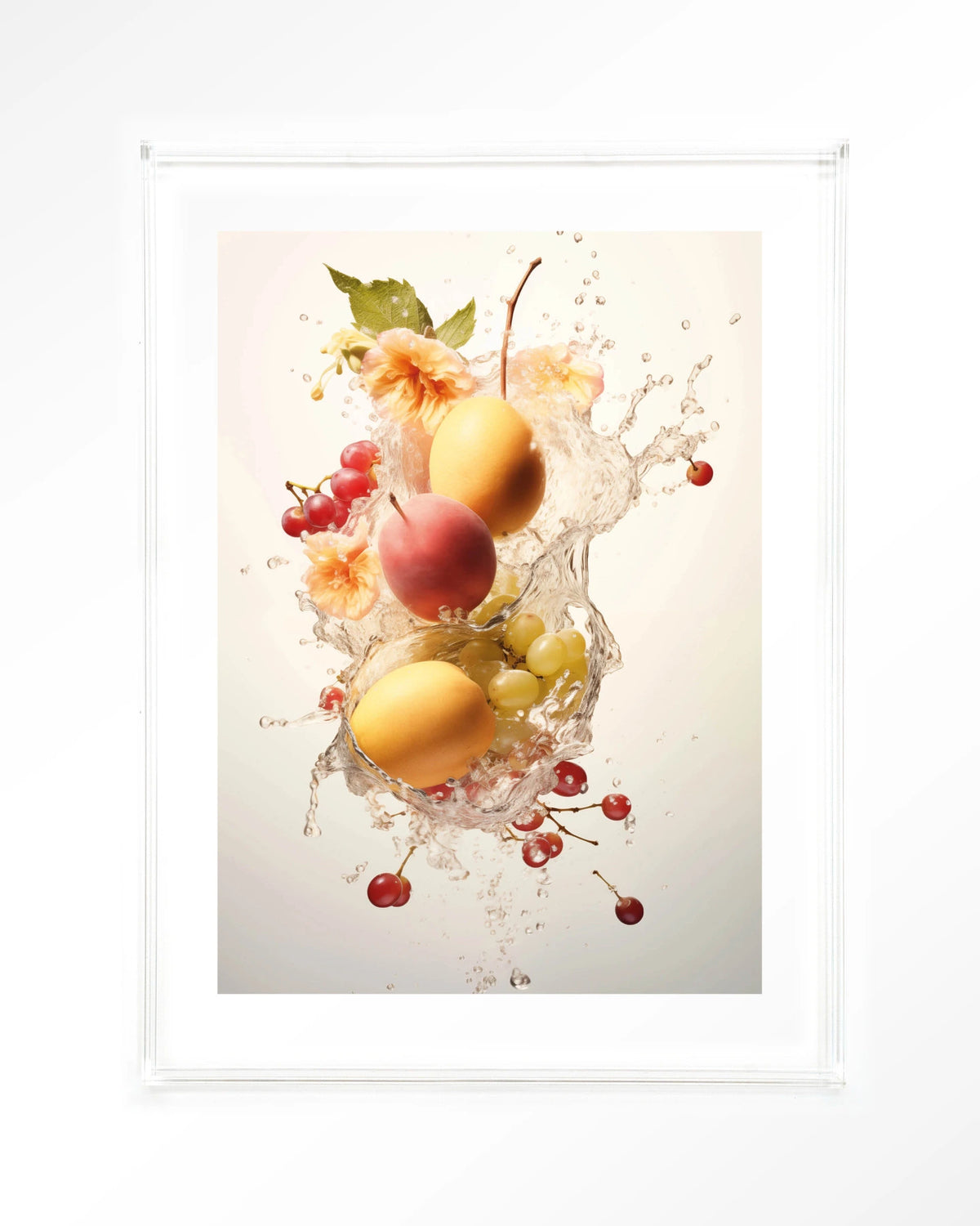 Peachy Fruit Explosion – fruit met waterstroom – Art print – Acryl doorzichtig