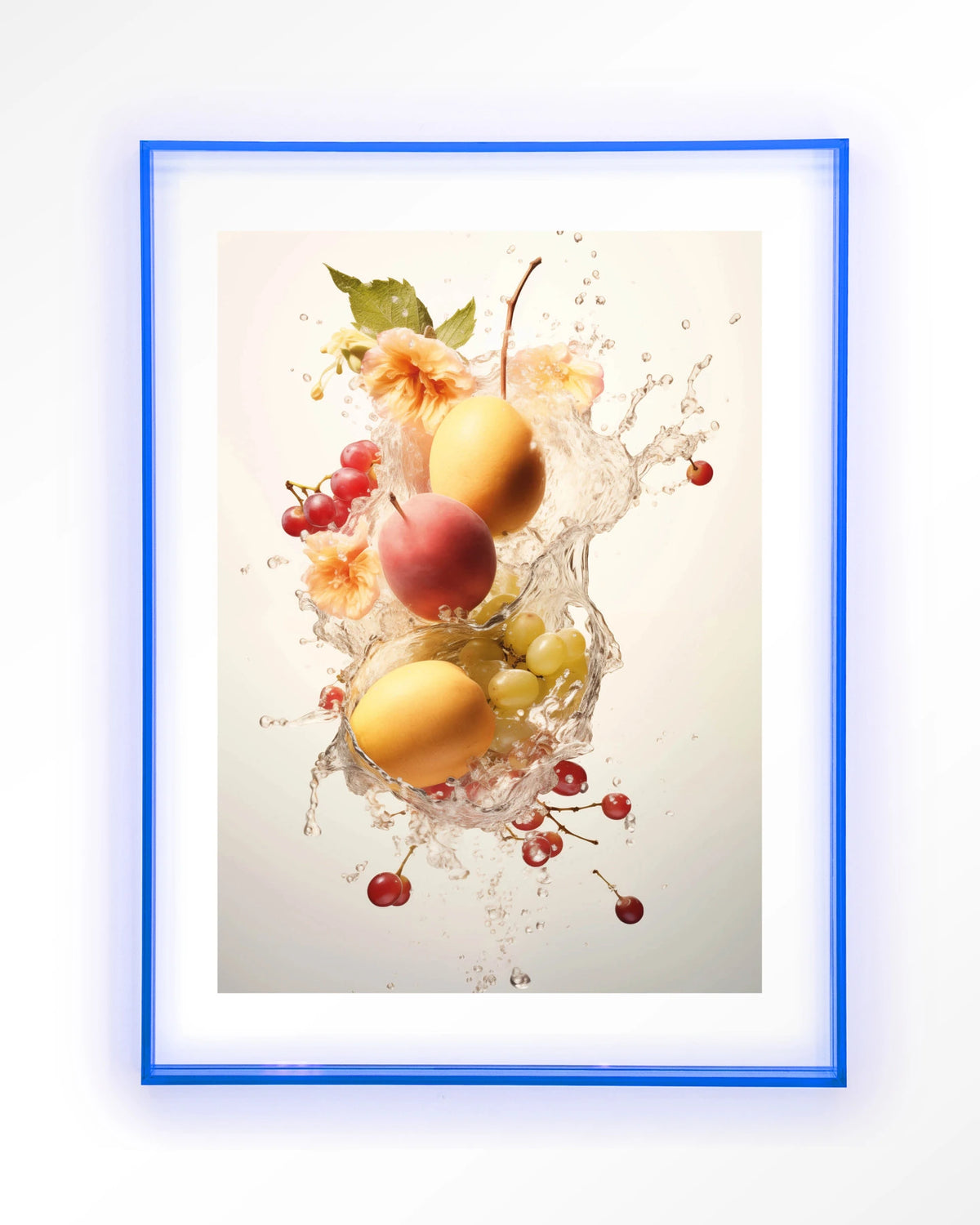 Peachy Fruit Explosion – fruit met waterstroom – Art print – Acryl lichtblauw