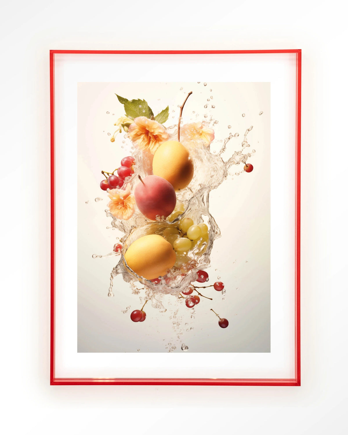 Peachy Fruit Explosion – fruit met waterstroom – Art print – Acryl roze