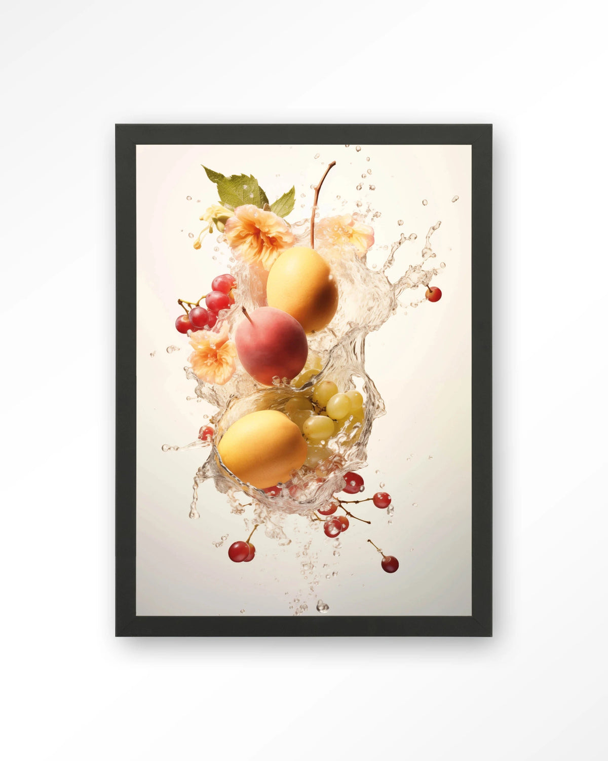 Peachy Fruit Explosion – fruit met waterstroom – Art print – Hout zwart
