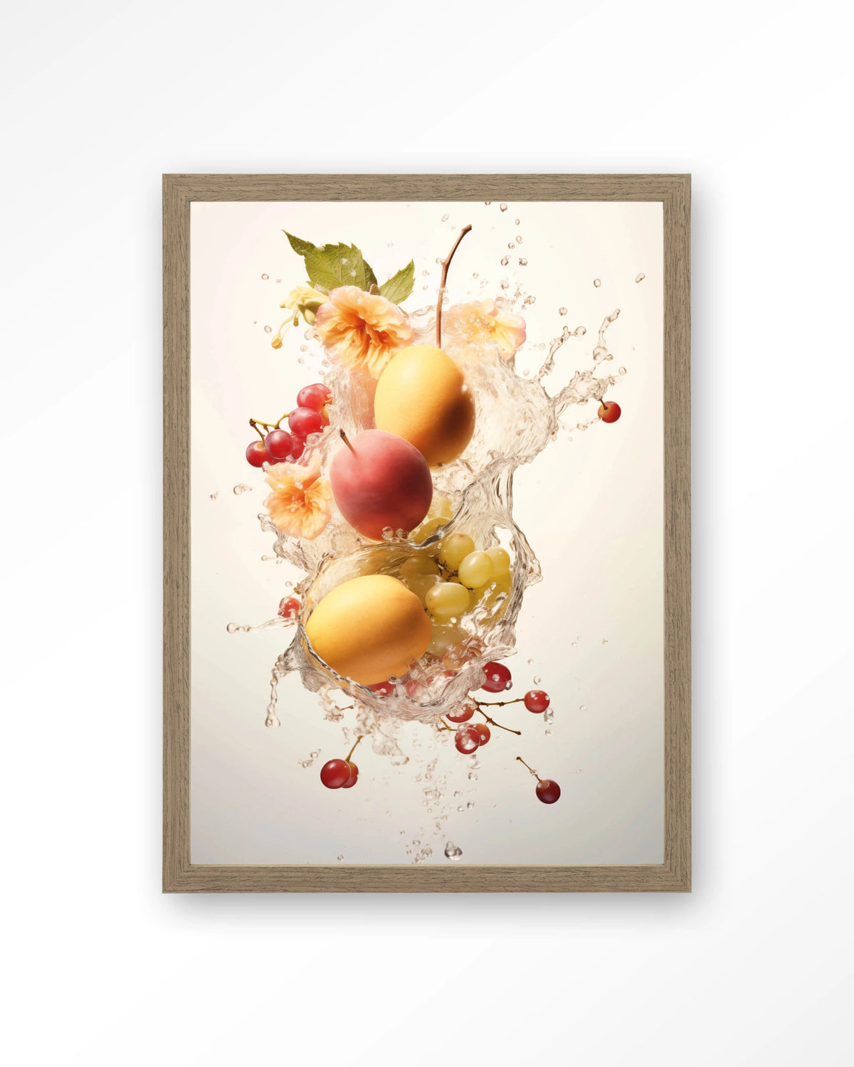 Peachy Fruit Explosion – fruit met waterstroom – Art print – Hout bruin
