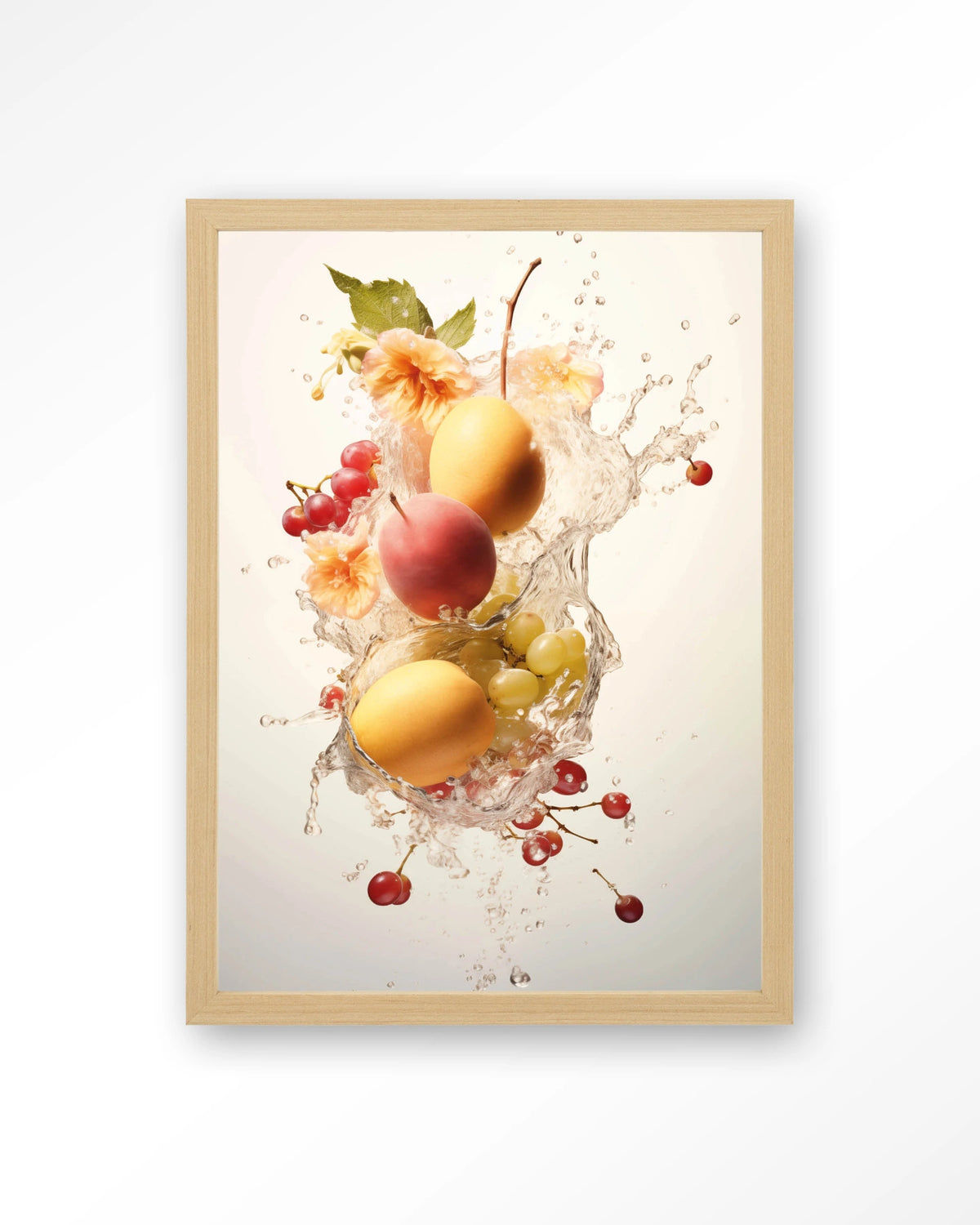 Peachy Fruit Explosion – fruit met waterstroom – Art print – Hout naturel