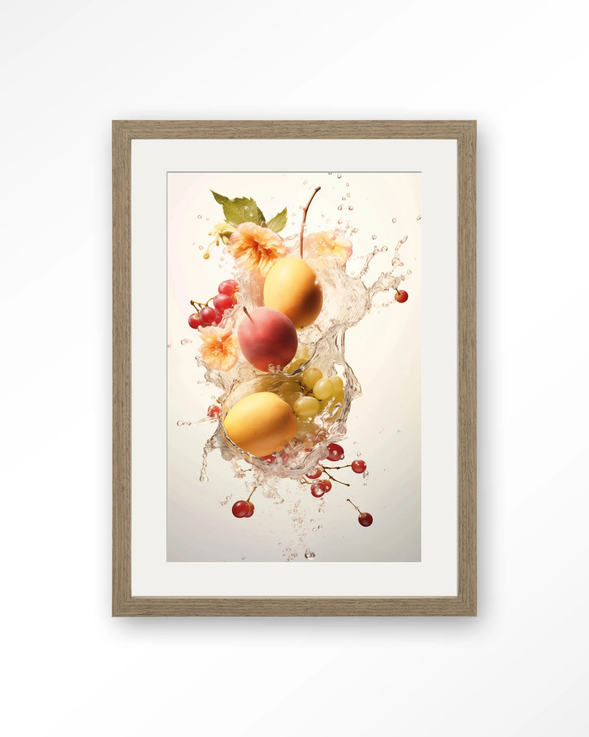 Peachy Fruit Explosion – fruit met waterstroom – Art print – Hout bruin + passe-partout