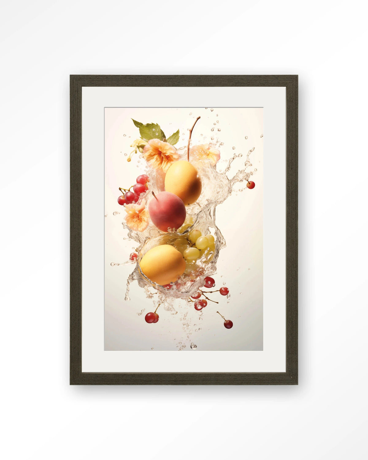 Peachy Fruit Explosion – fruit met waterstroom – Art print – Hout donkerbruin + passe-partout