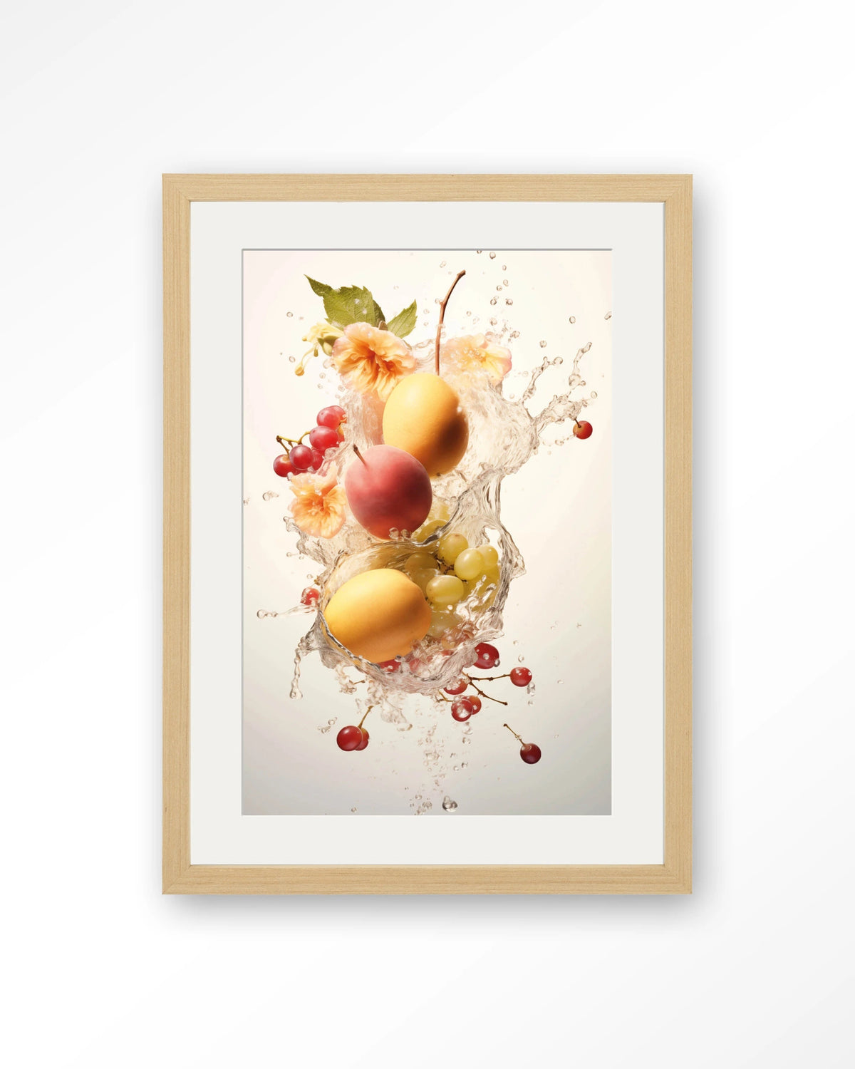 Peachy Fruit Explosion – fruit met waterstroom – Art print – Hout naturel + passe-partout
