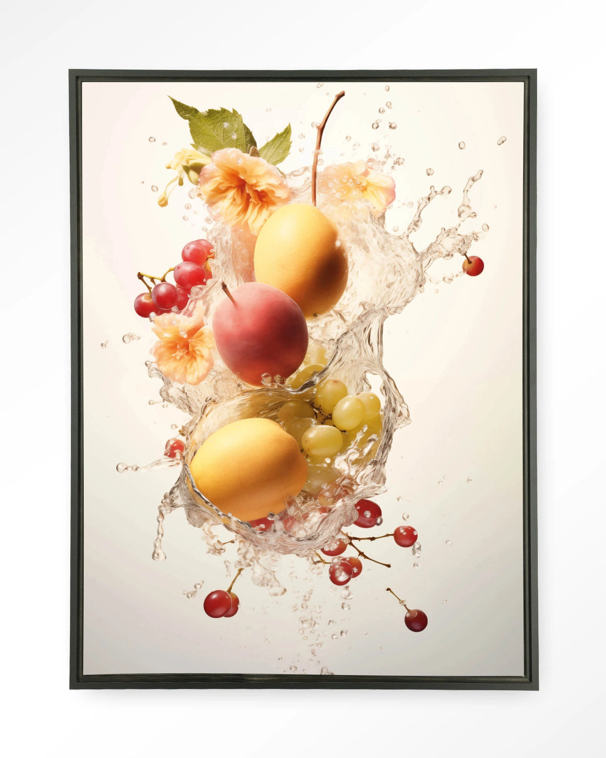 Peachy Fruit Explosion – fruit met waterstroom – Wandkleed – Floating frame – zwart