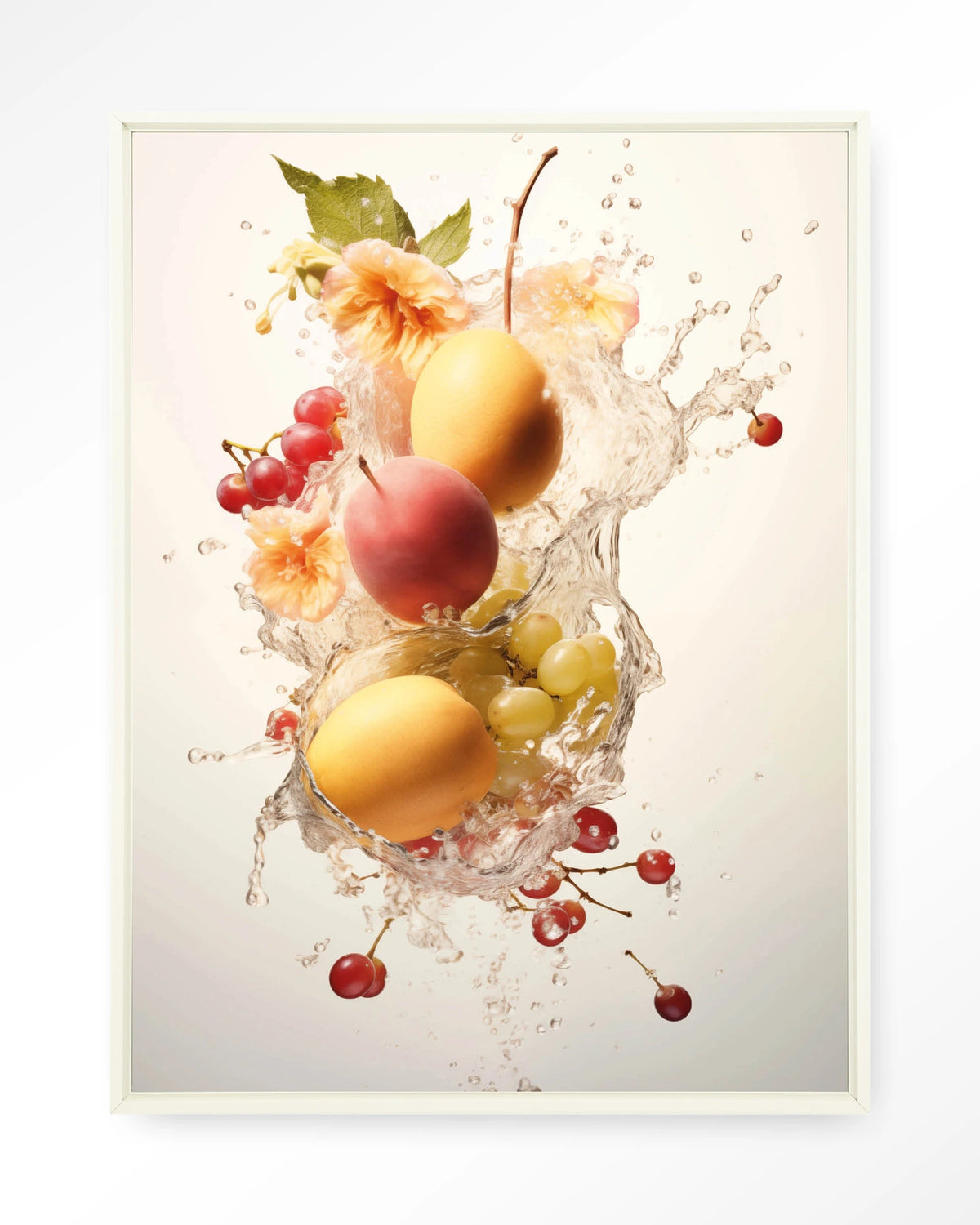 Peachy Fruit Explosion – fruit met waterstroom – Wandkleed – Floating frame – wit
