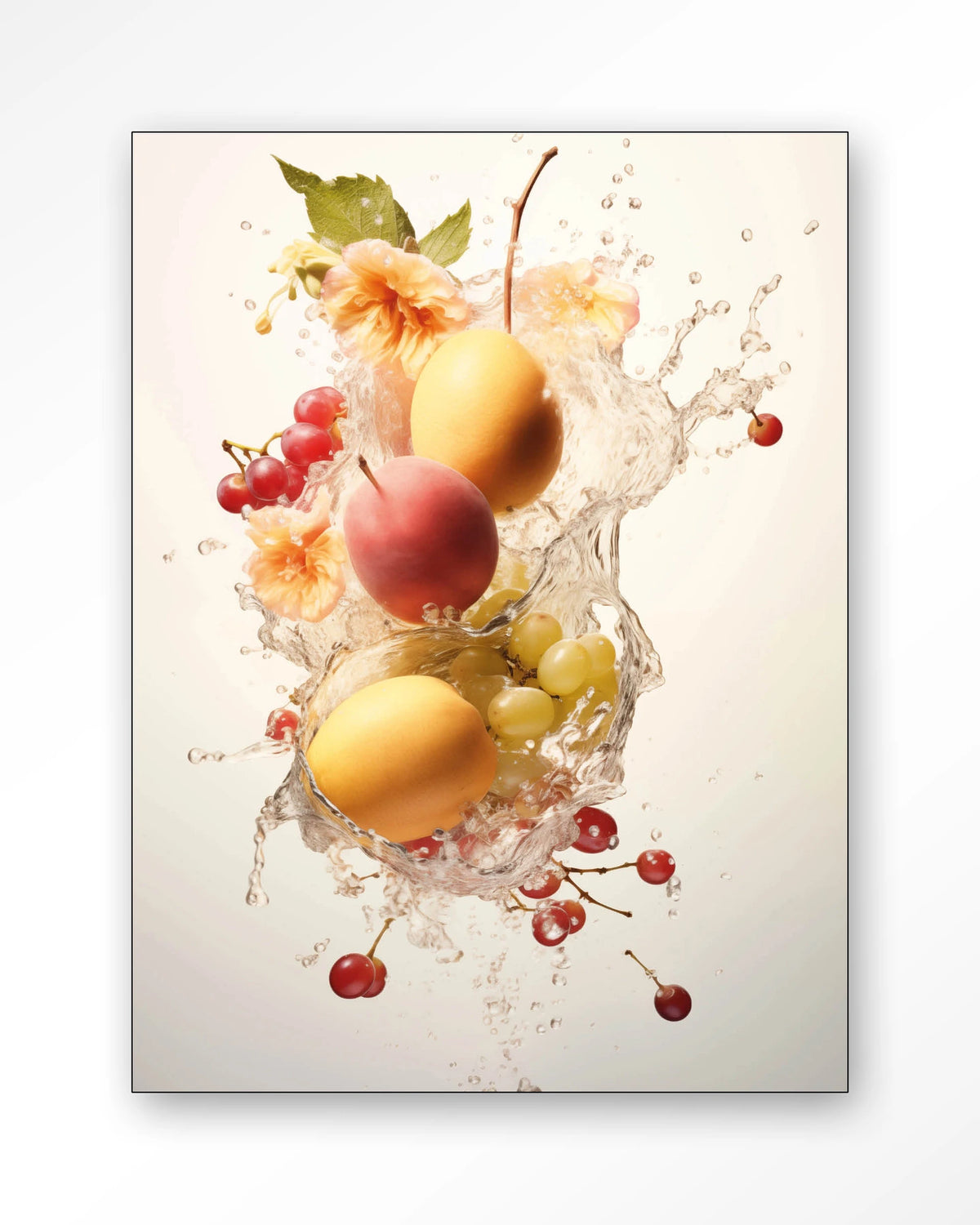 Peachy Fruit Explosion – fruit met waterstroom – Wandkleed – Frame – zwart