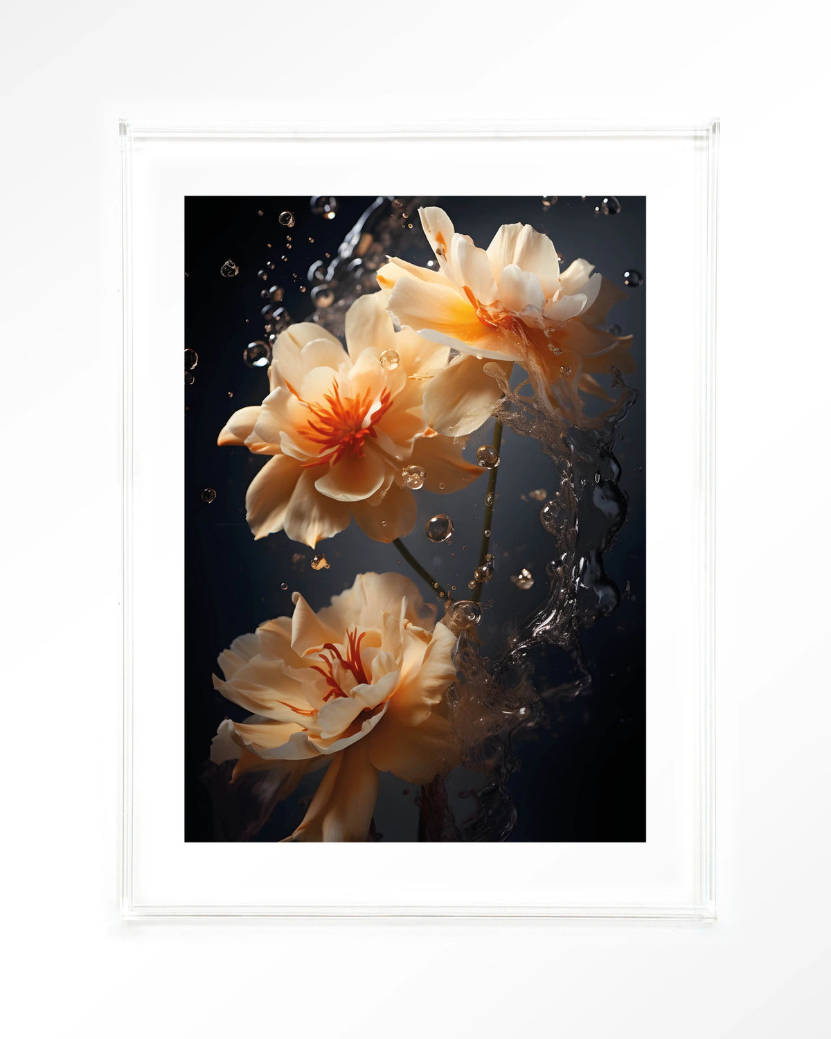 Waterflower Dark – bloemen in water op donkere achtergrond – Art print – Acryl doorzichtig