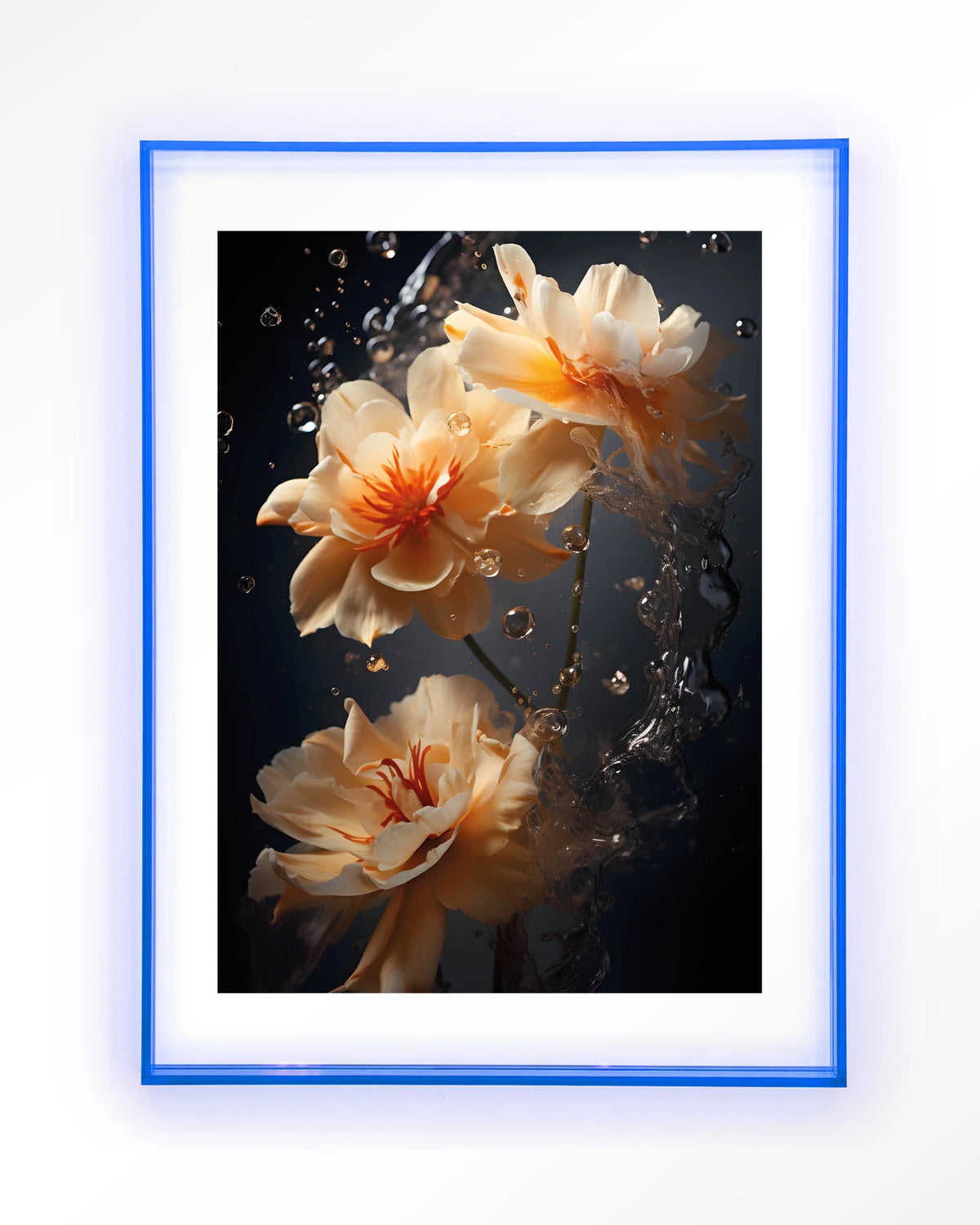 Waterflower Dark – bloemen in water op donkere achtergrond – Art print – Acryl lichtblauw