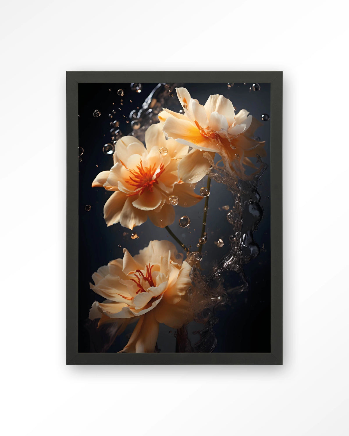 Waterflower Dark – bloemen in water op donkere achtergrond – Art print – Hout zwart