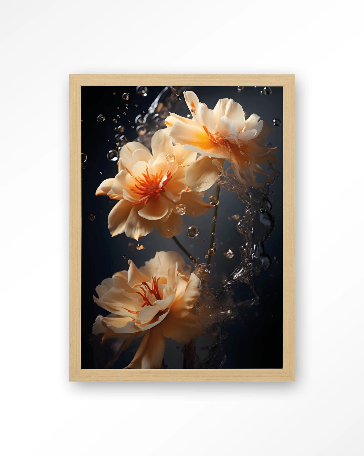 Waterflower Dark – bloemen in water op donkere achtergrond – Art print – Hout naturel