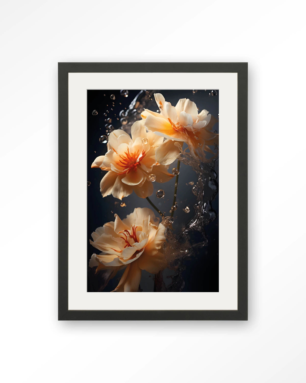 Waterflower Dark – bloemen in water op donkere achtergrond – Art print – Hout zwart + passe-partout