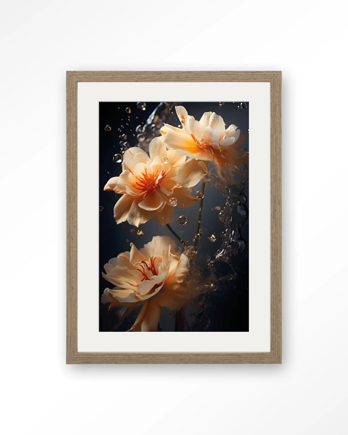 Waterflower Dark – bloemen in water op donkere achtergrond – Art print – Hout bruin + passe-partout