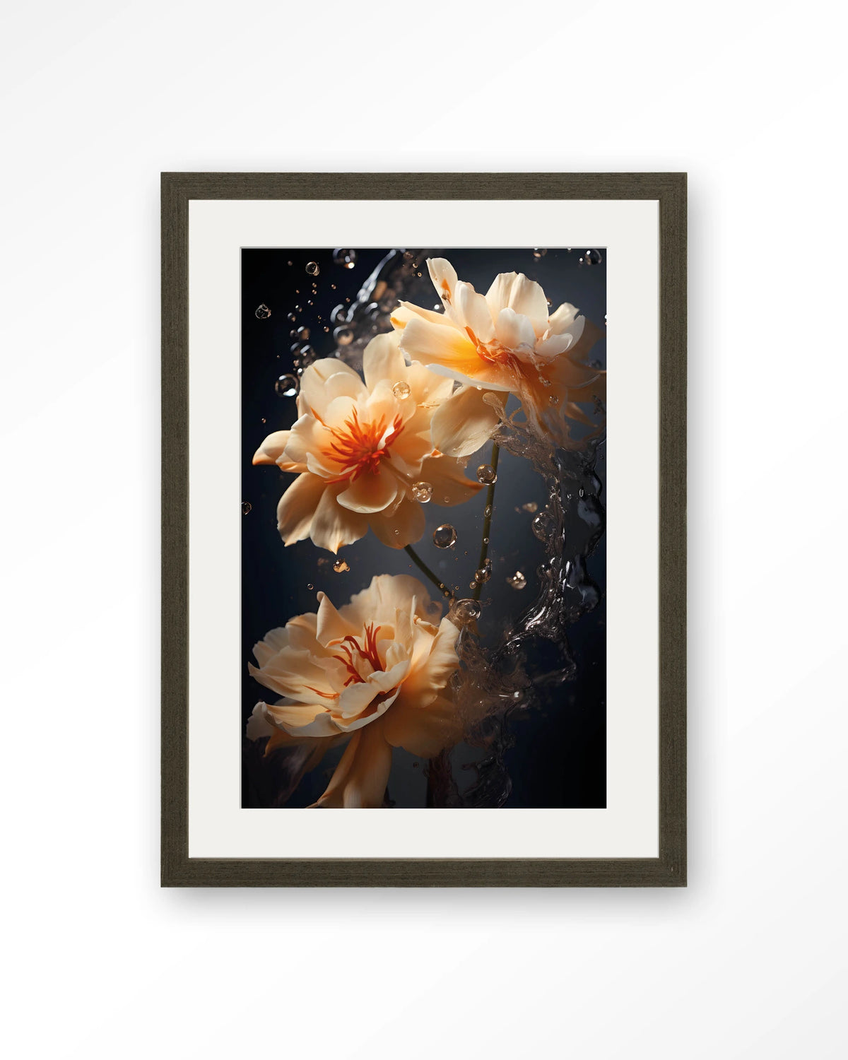 Waterflower Dark – bloemen in water op donkere achtergrond – Art print – Hout donkerbruin + passe-partout