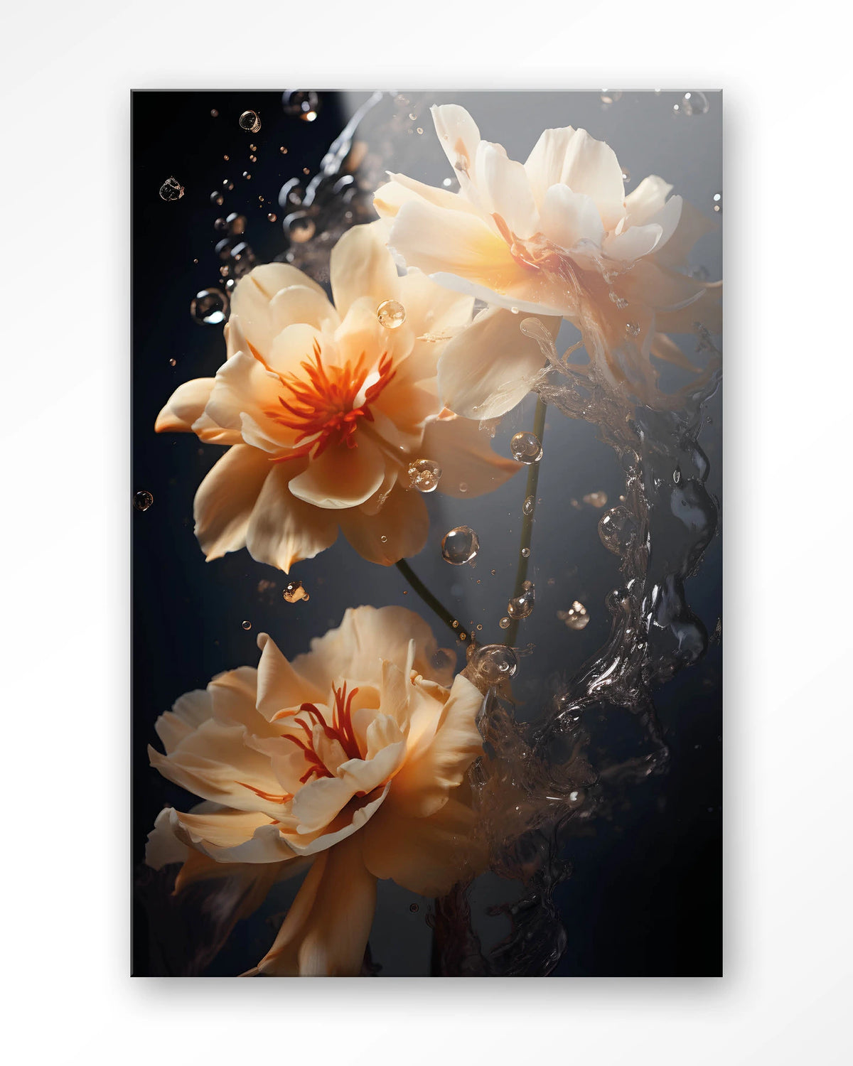 Waterflower Dark – bloemen in water op donkere achtergrond – Glas – Blinde montage
