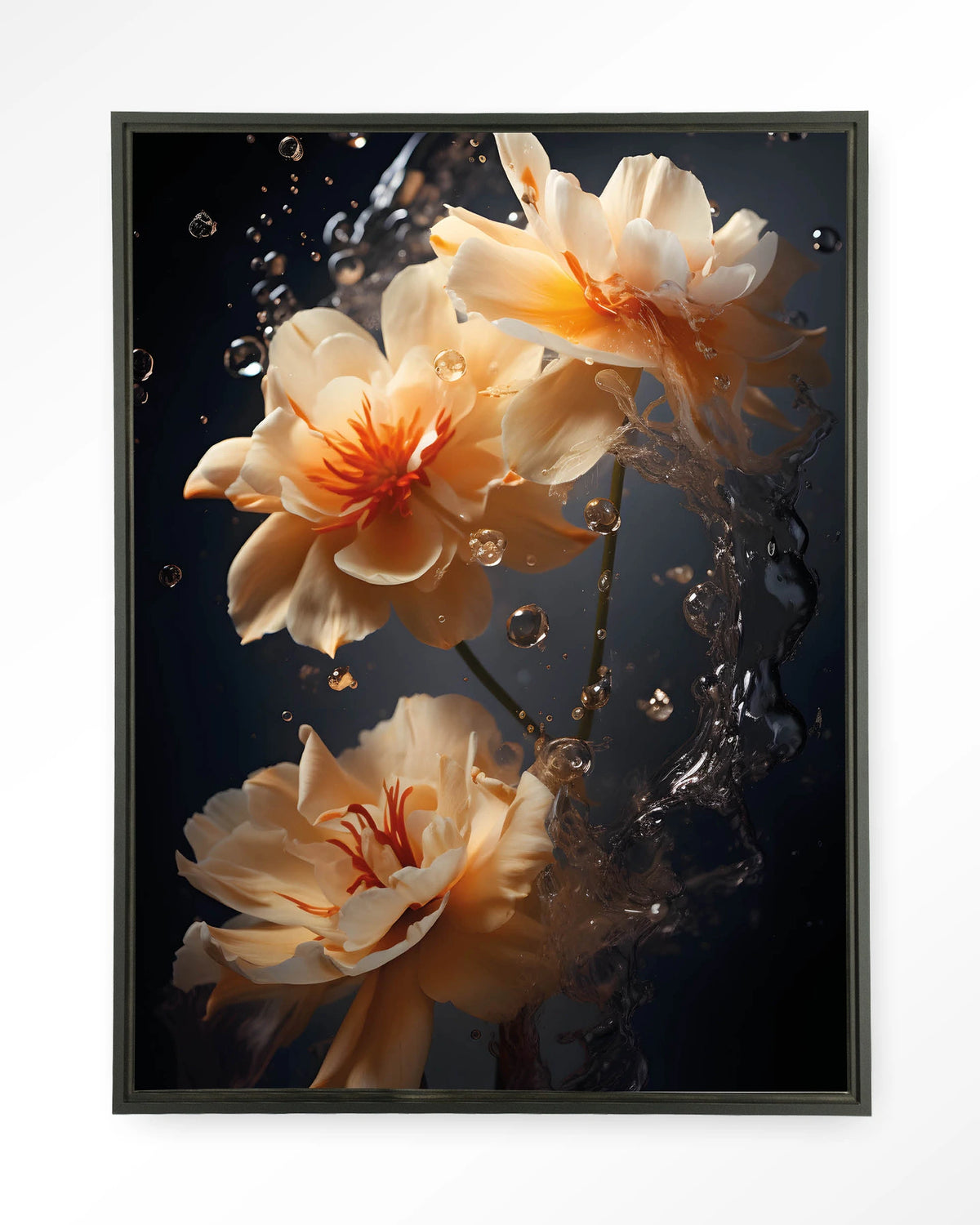 Waterflower Dark – bloemen in water op donkere achtergrond – Wandkleed – Floating frame – zwart
