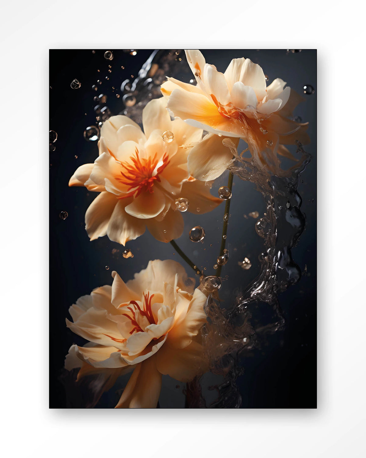 Waterflower Dark – bloemen in water op donkere achtergrond – Wandkleed – Frame – zwart