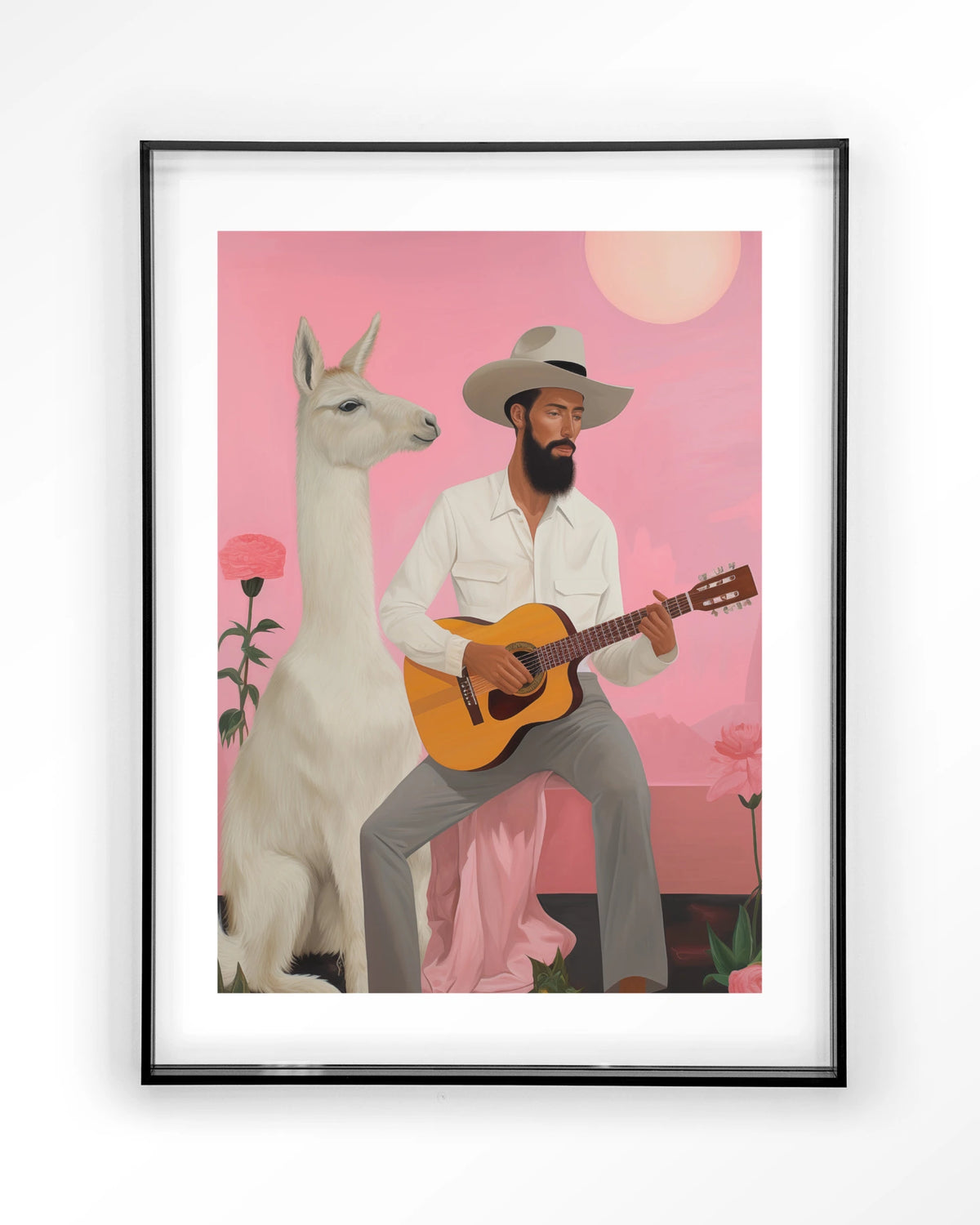 Delilah Lama – man met gitaar en lama – Art print – Acryl zwart