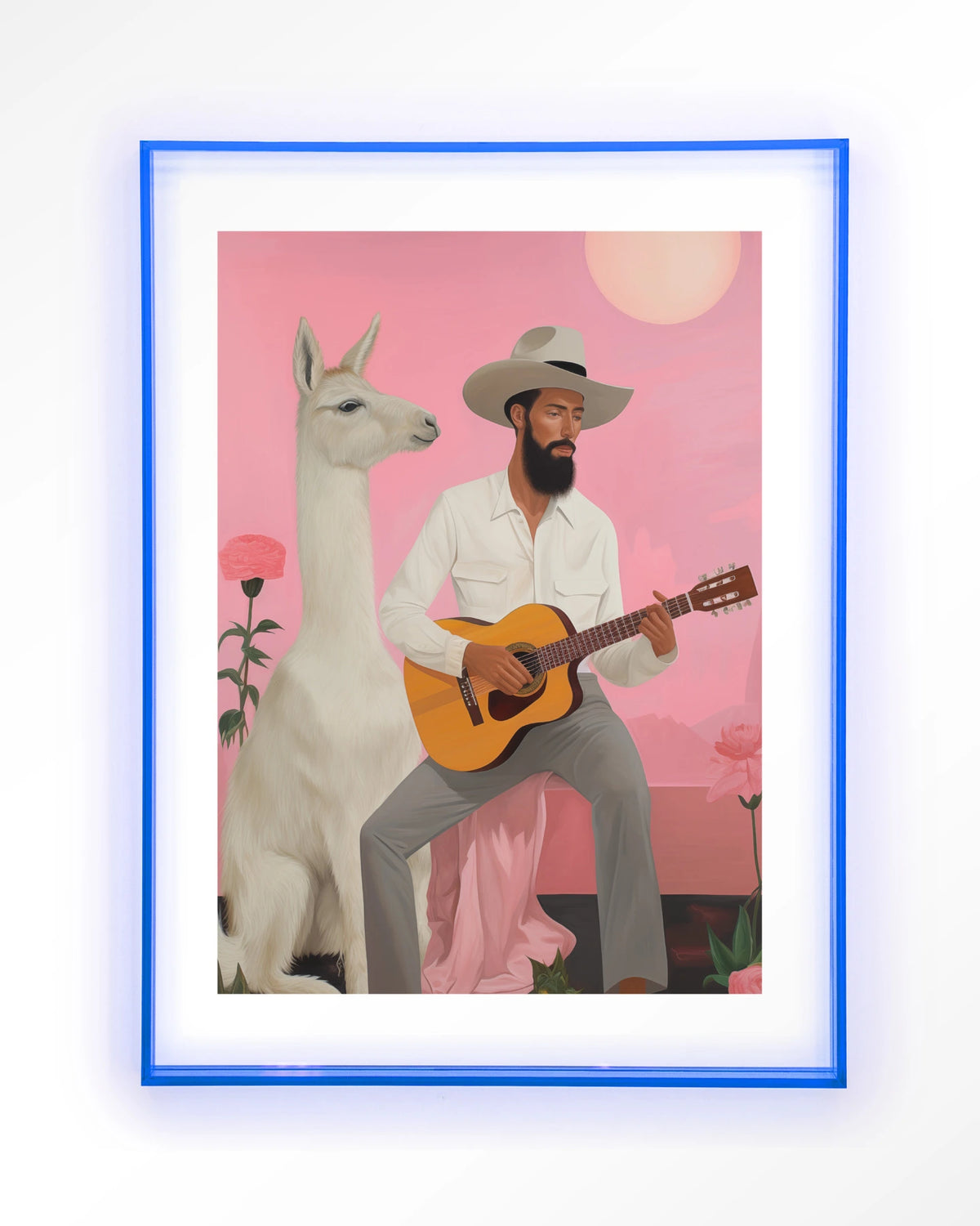Delilah Lama – man met gitaar en lama – Art print – Acryl lichtblauw
