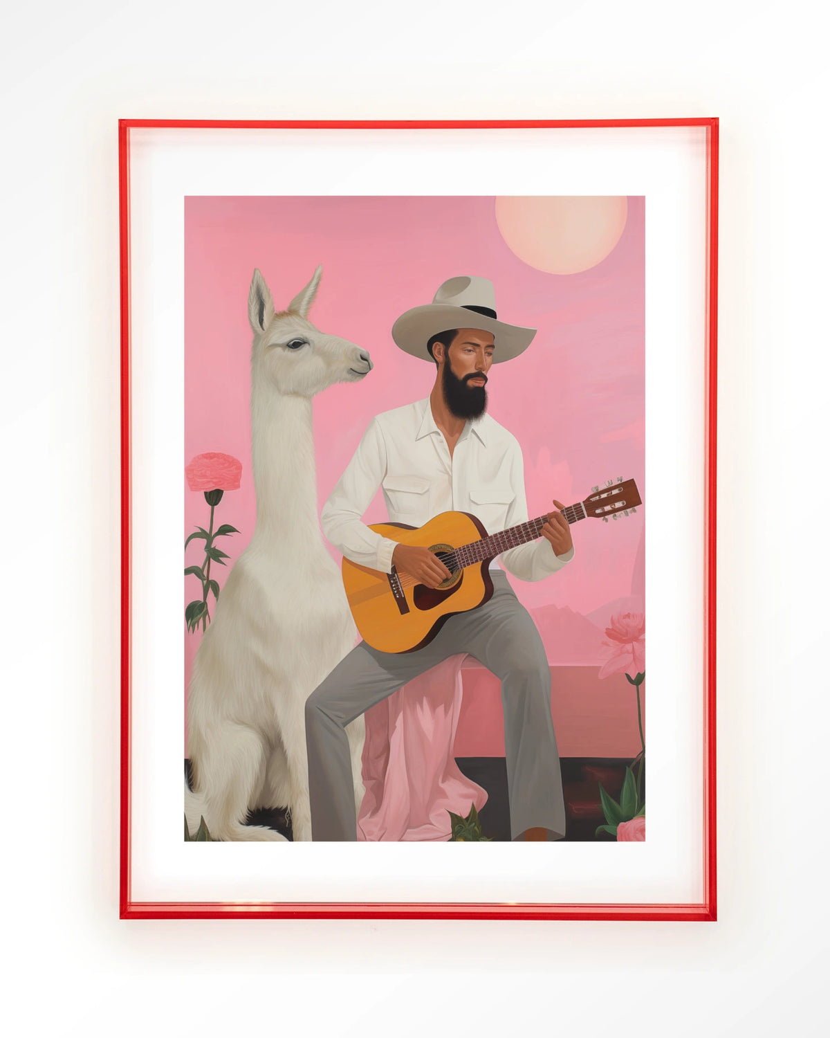 Delilah Lama – man met gitaar en lama – Art print – Acryl roze