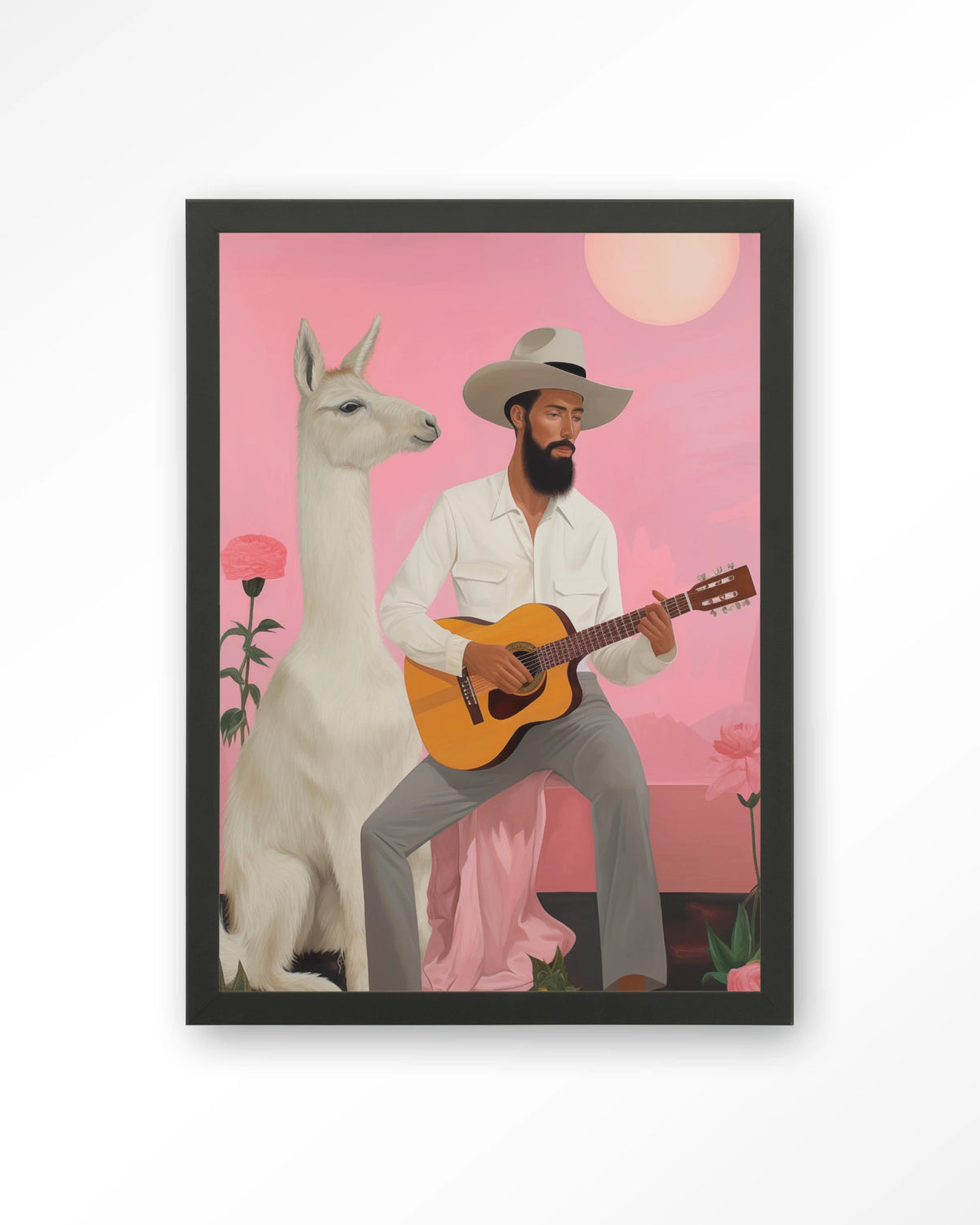 Delilah Lama – man met gitaar en lama – Art print – Hout zwart