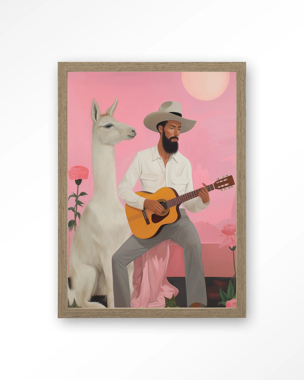 Delilah Lama – man met gitaar en lama – Art print – Hout bruin