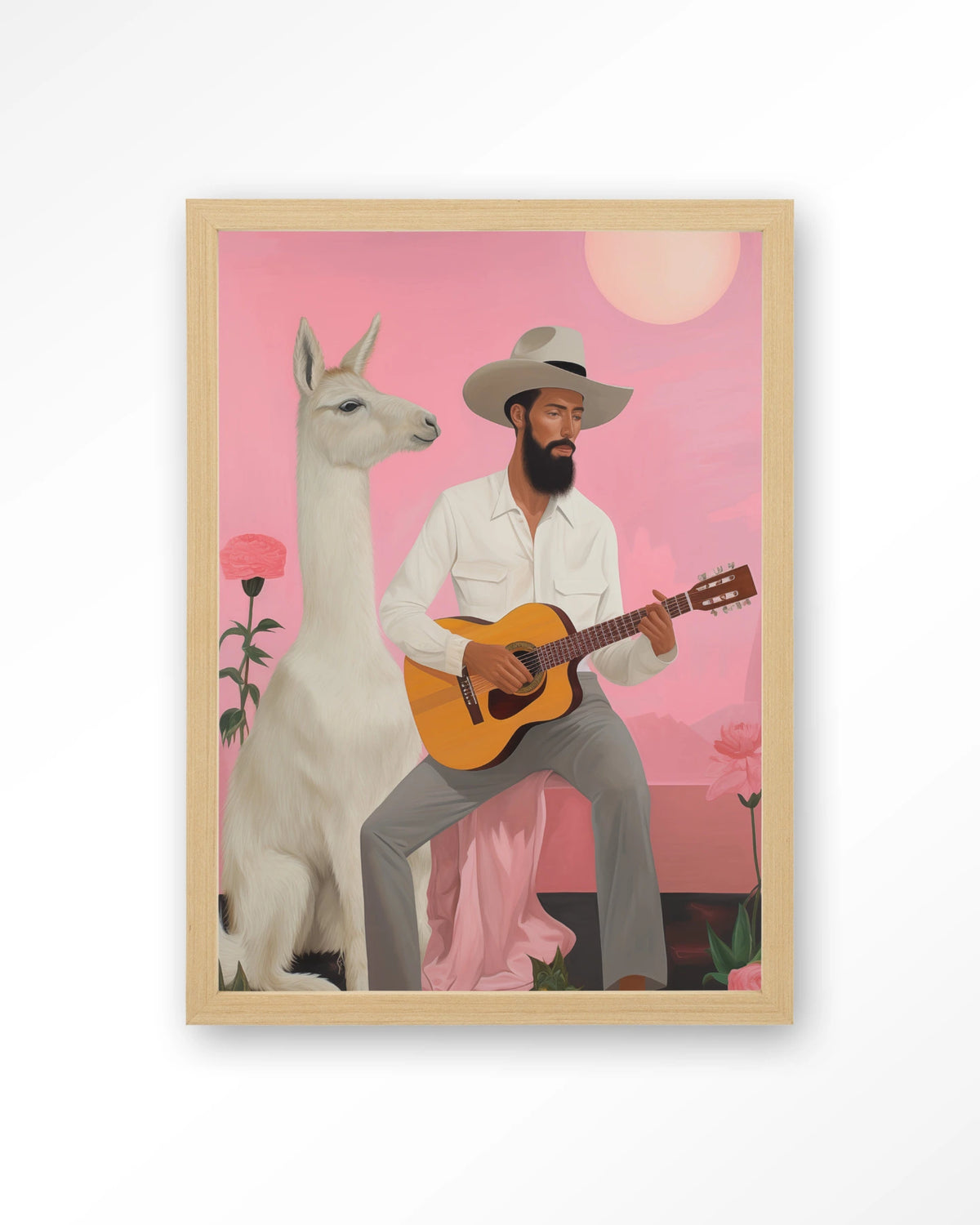 Delilah Lama – man met gitaar en lama – Art print – Hout naturel
