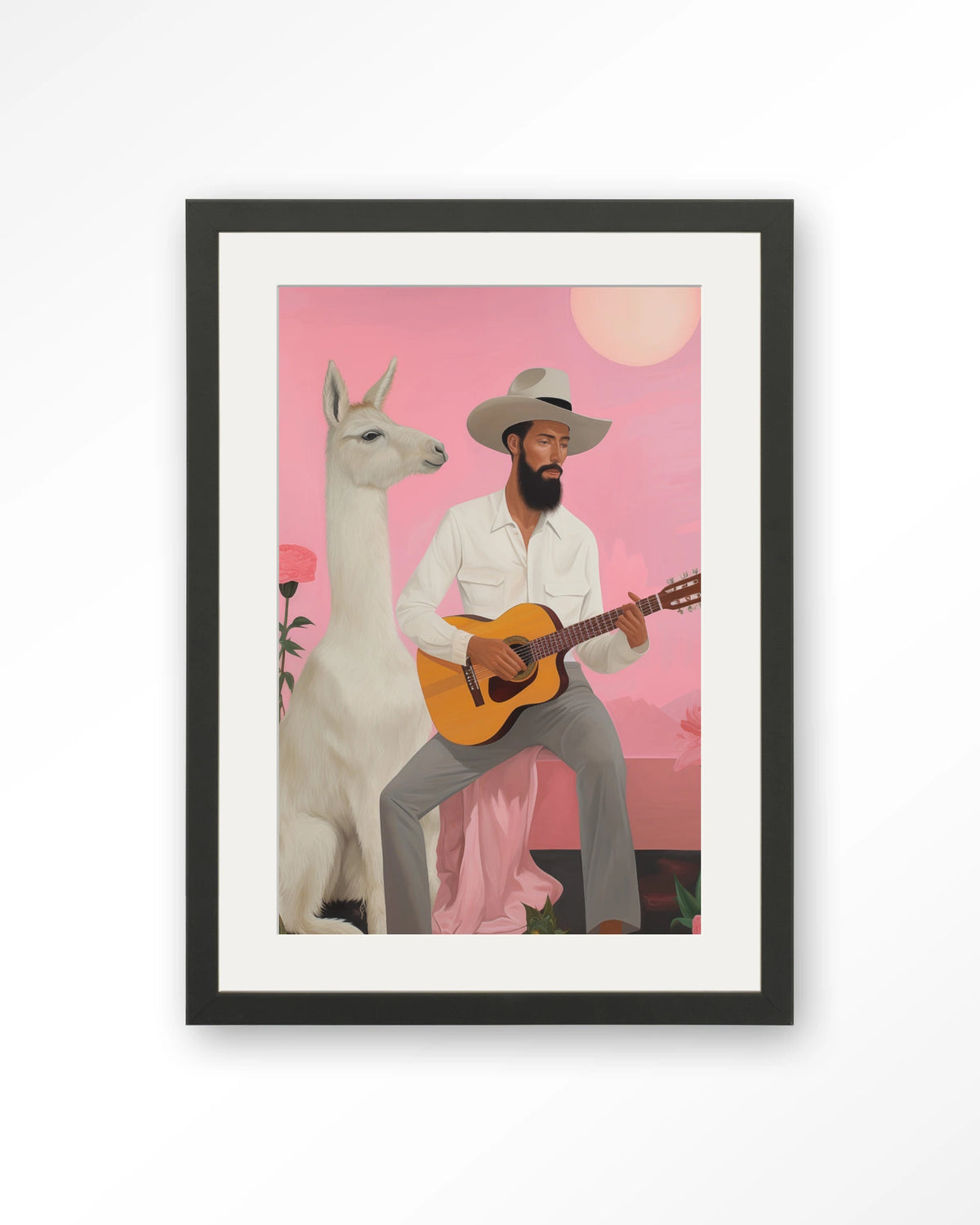 Delilah Lama – man met gitaar en lama – Art print – Hout zwart + passe-partout