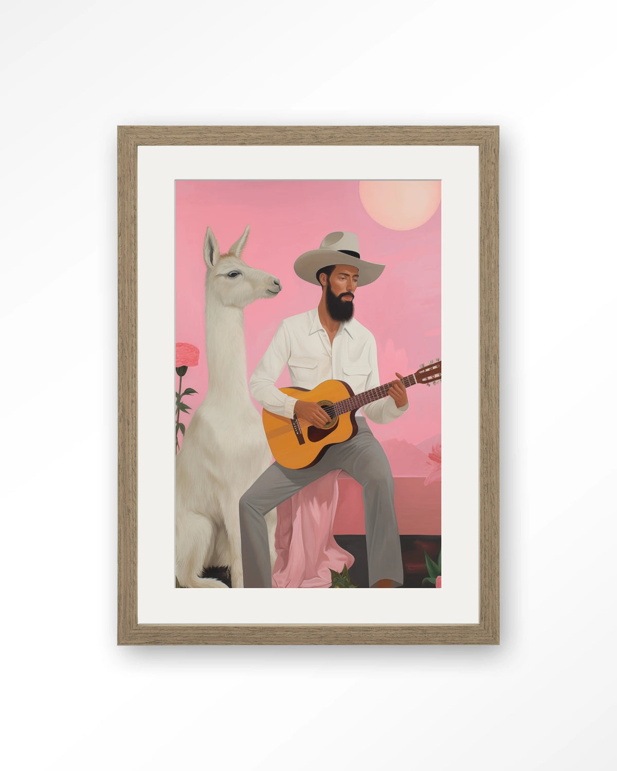 Delilah Lama – man met gitaar en lama – Art print – Hout bruin + passe-partout