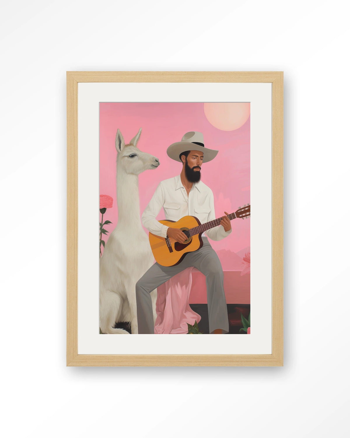 Delilah Lama – man met gitaar en lama – Art print – Hout naturel + passe-partout