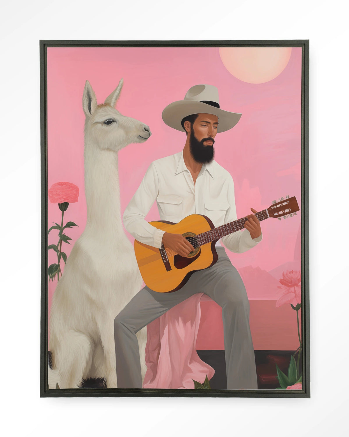 Delilah Lama – man met gitaar en lama – Wandkleed – Floating frame – zwart