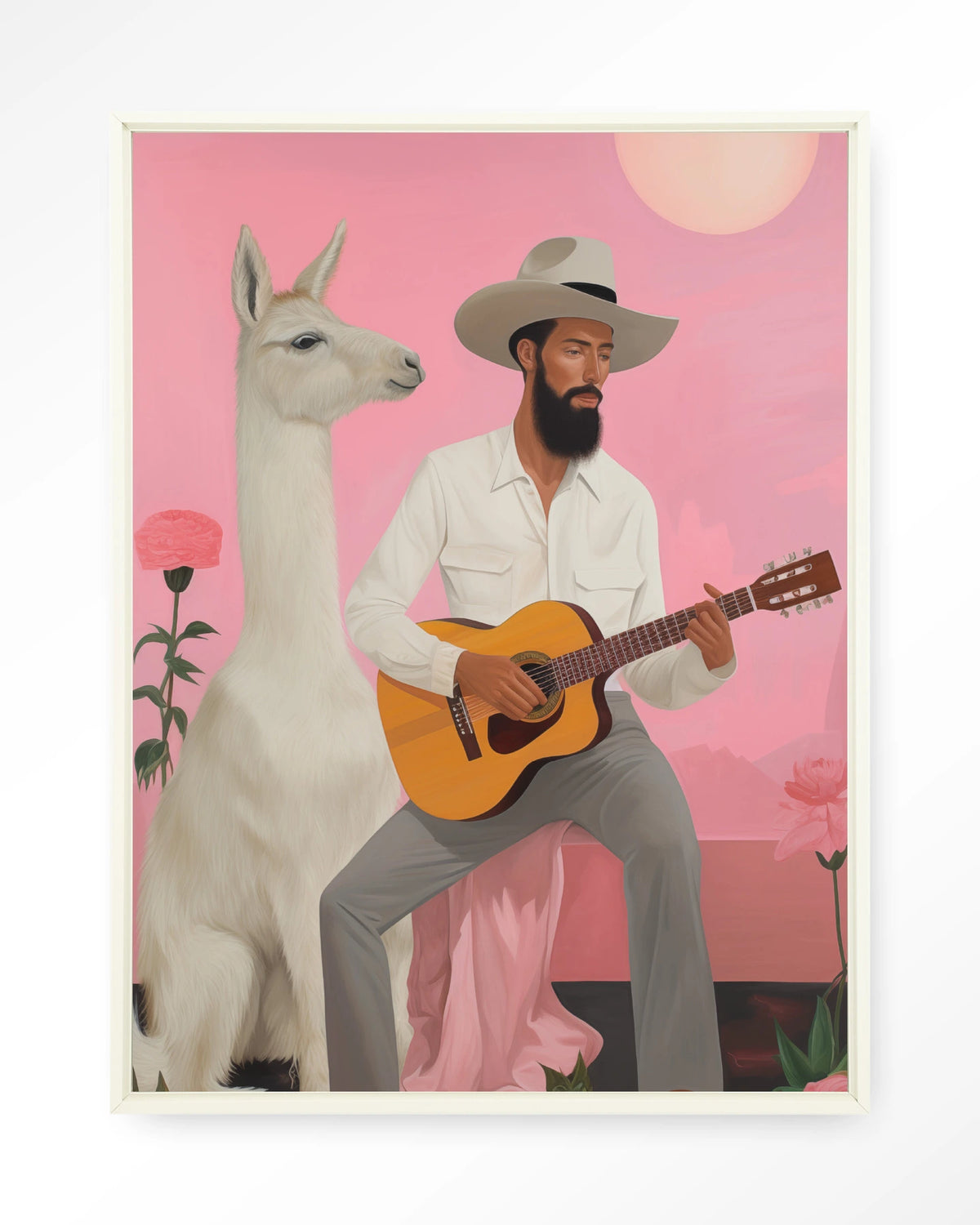 Delilah Lama – man met gitaar en lama – Wandkleed – Floating frame – wit