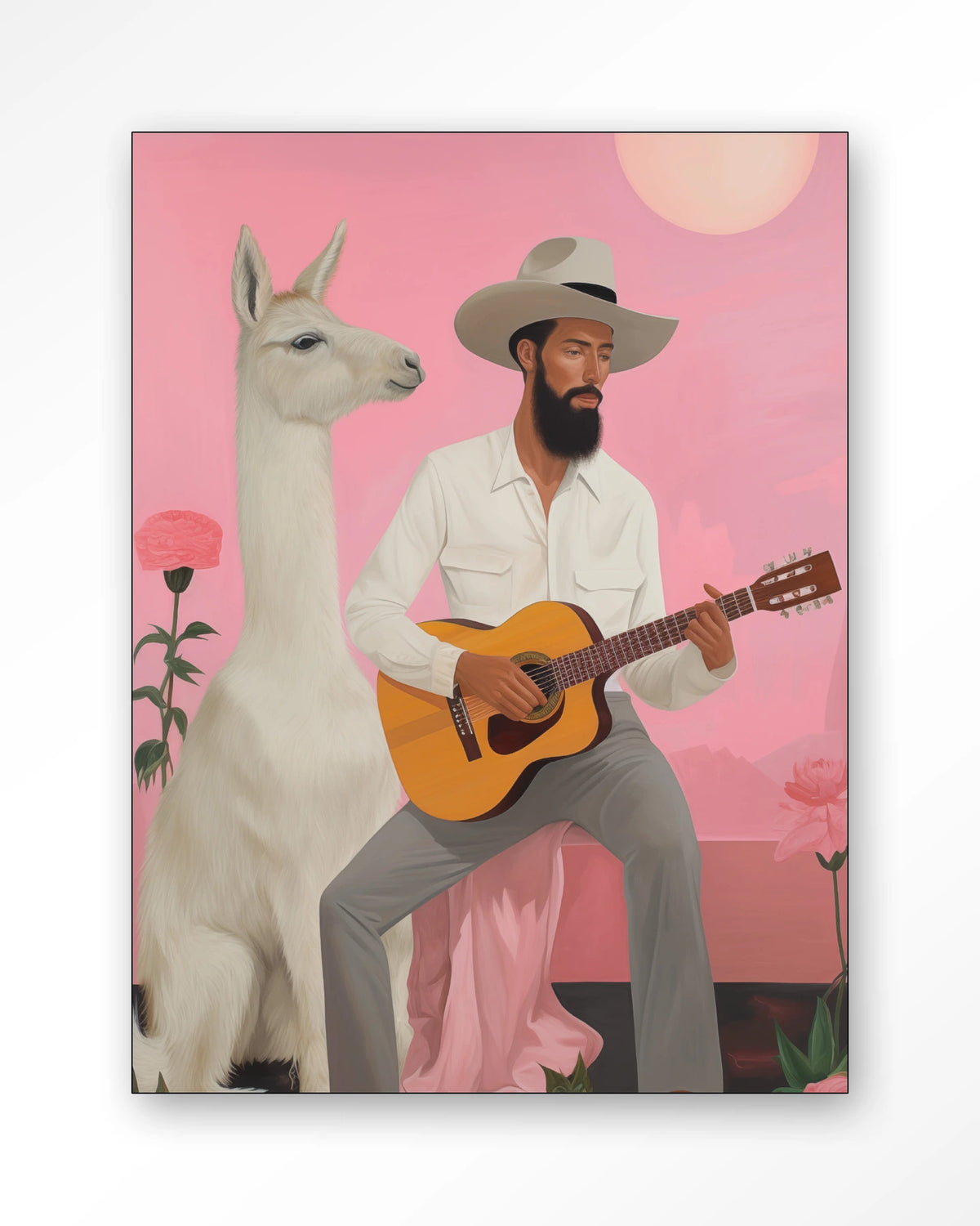 Delilah Lama – man met gitaar en lama – Wandkleed – Frame – zwart