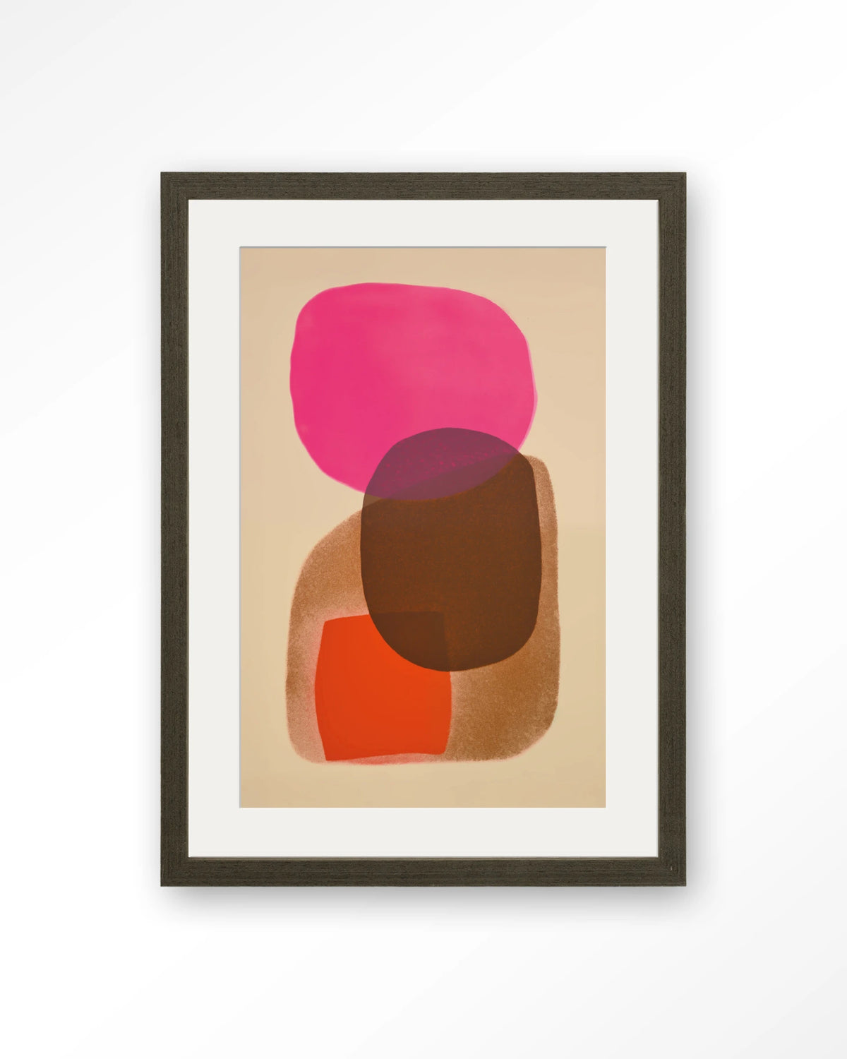 Rosy Echo – abstract in roze en oranje – Art print – Hout donkerbruin + passe-partout